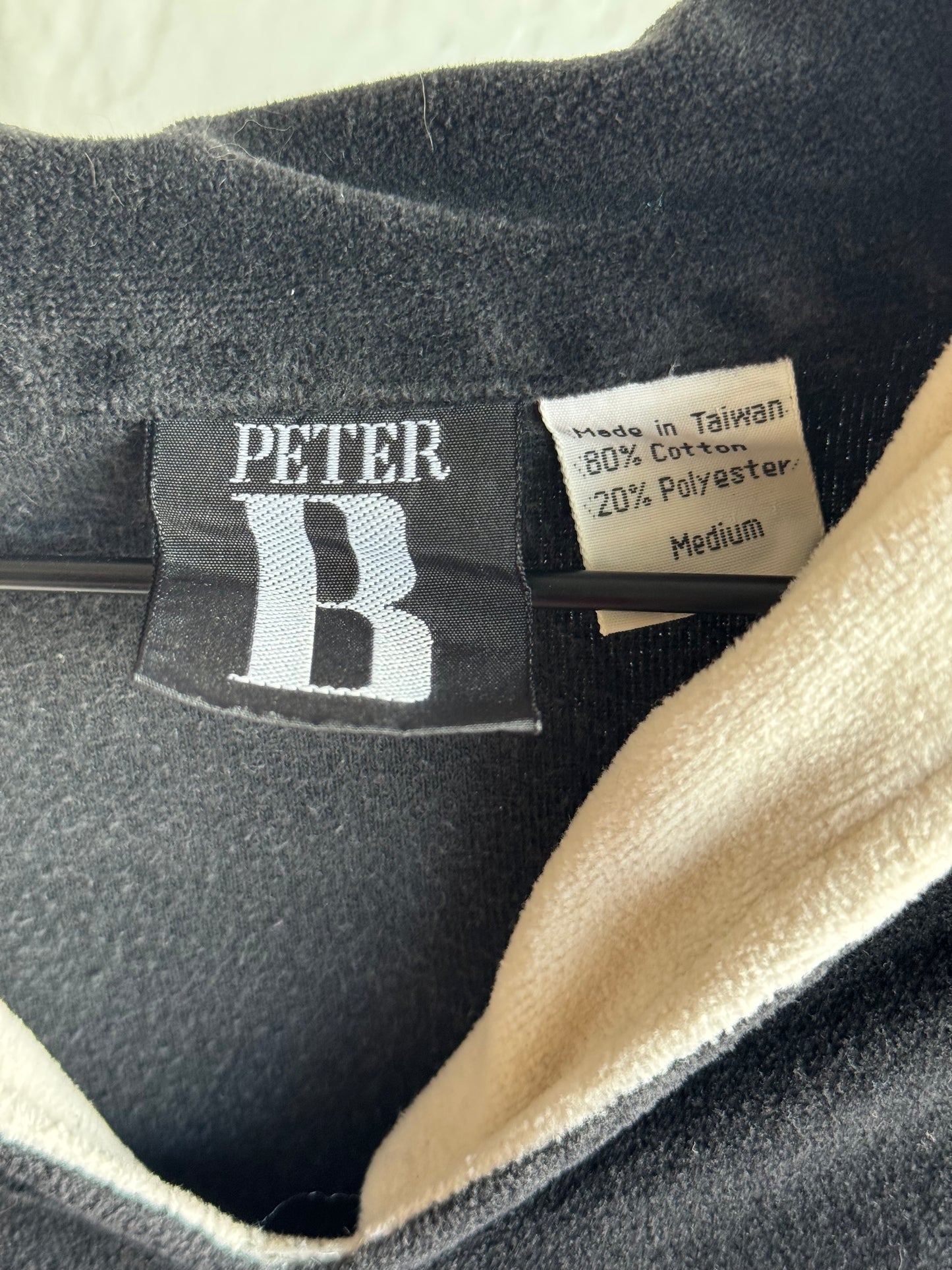 1980s Peter B Black Velour Pullover – Striped V-Collar Vintage Shirt