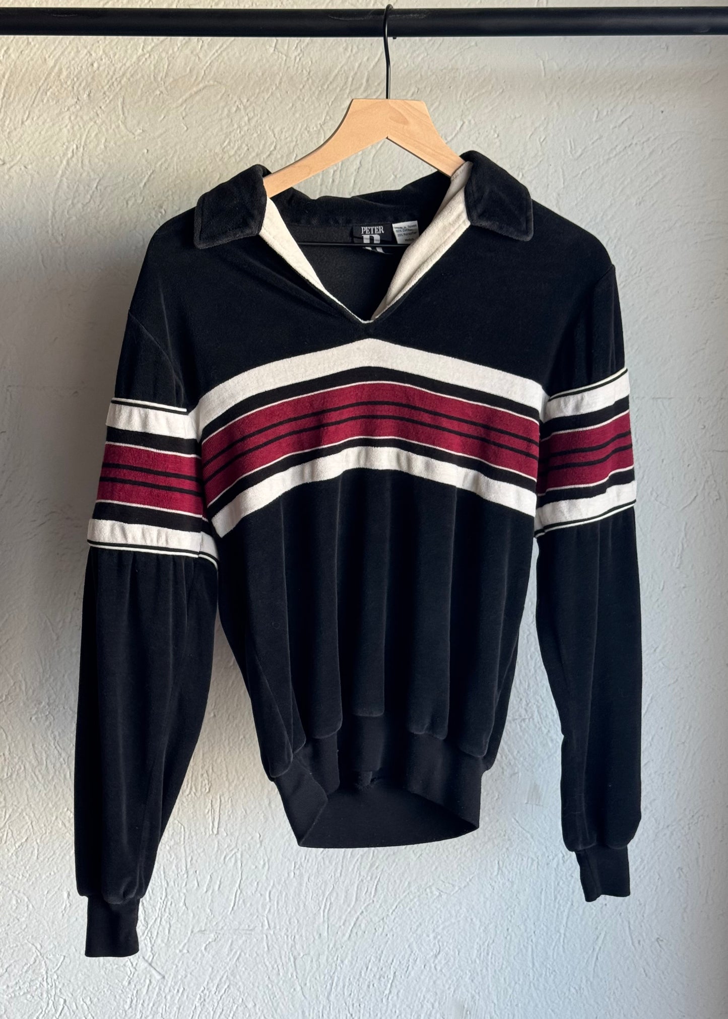 1980s Peter B Black Velour Pullover – Striped V-Collar Vintage Shirt
