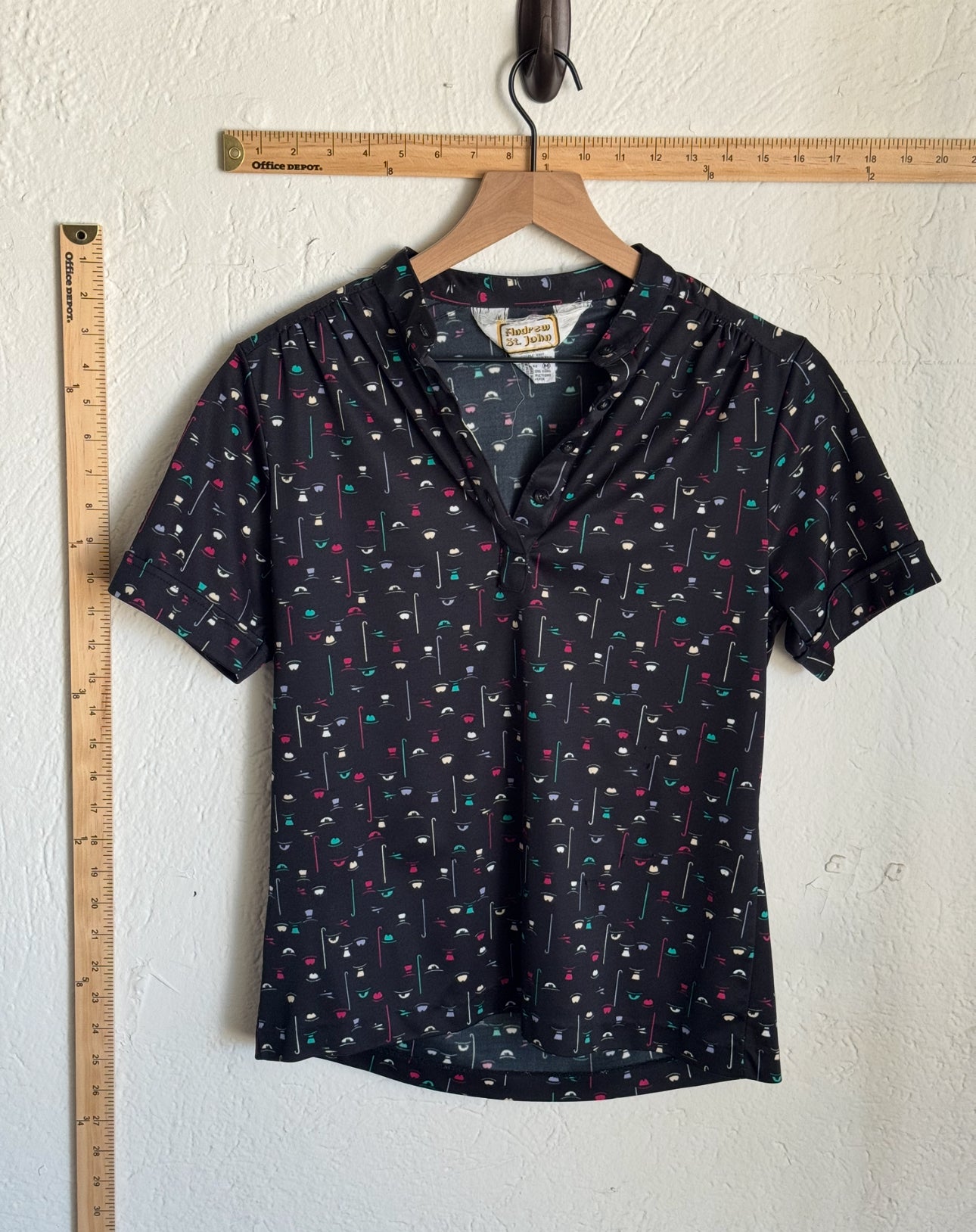 1960s Andrews Saint John Shirt - Canes and Hats Print - Medium
