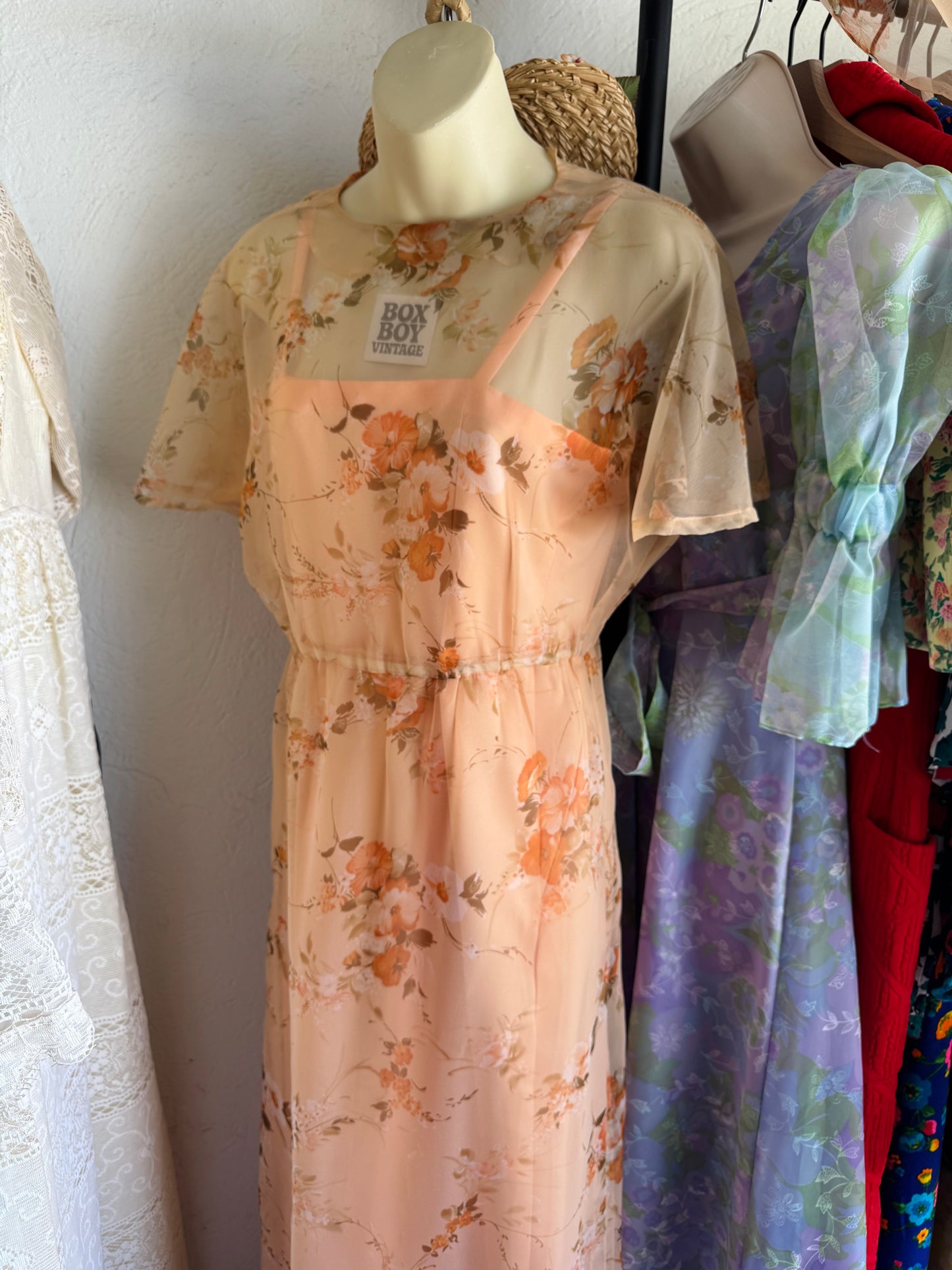 1970s Sheer Floral Dress Set with Hat