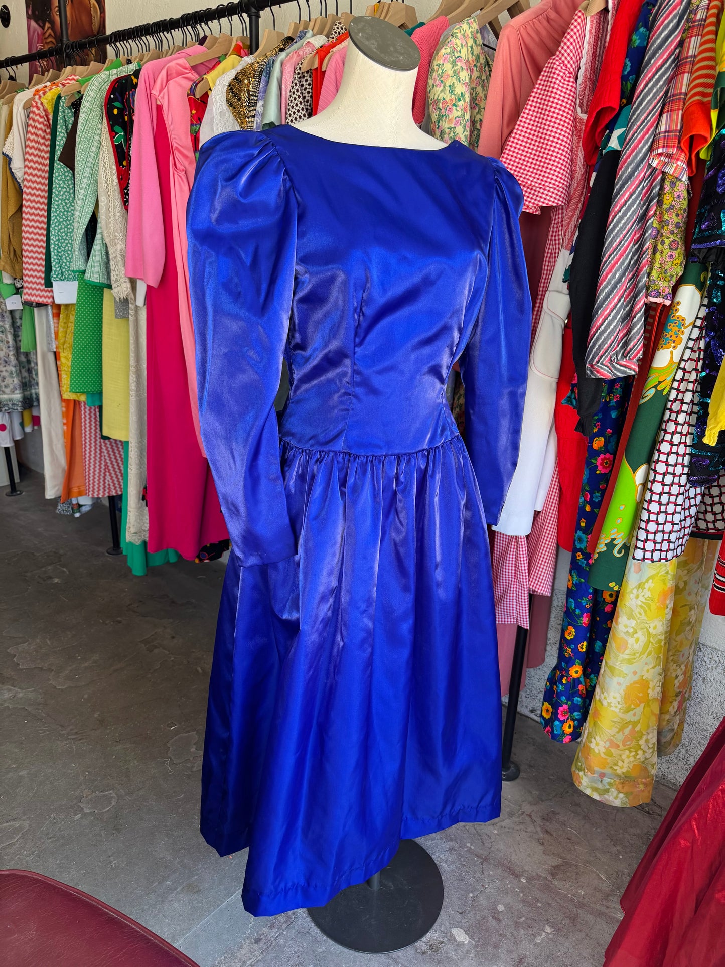 1980s Deep Blue Prom Dress with Bow