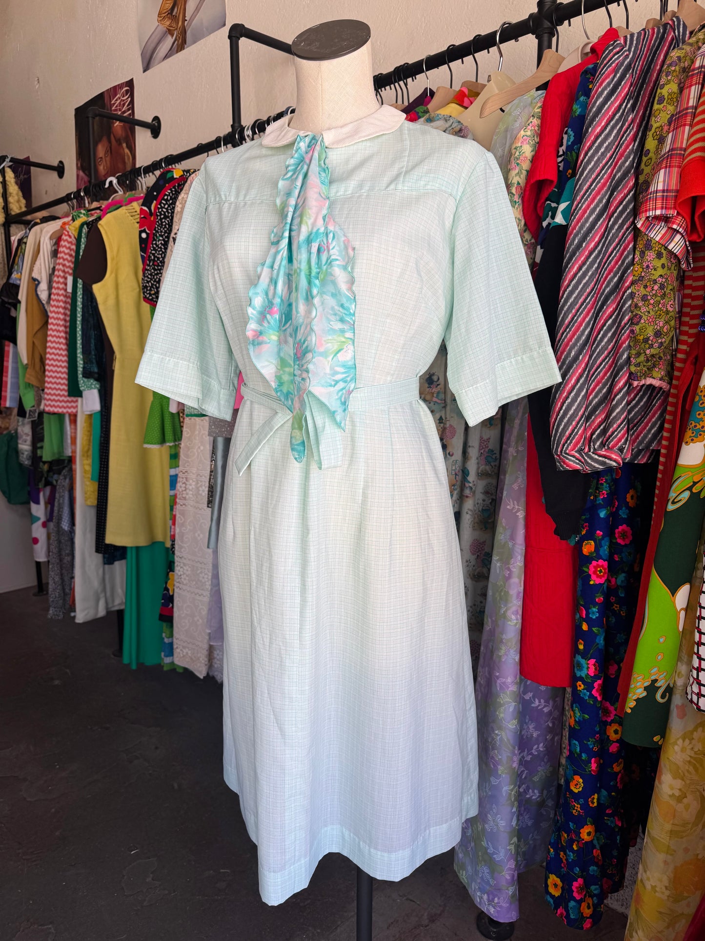 1960s Baby Blue Floral Neck Tie Dress