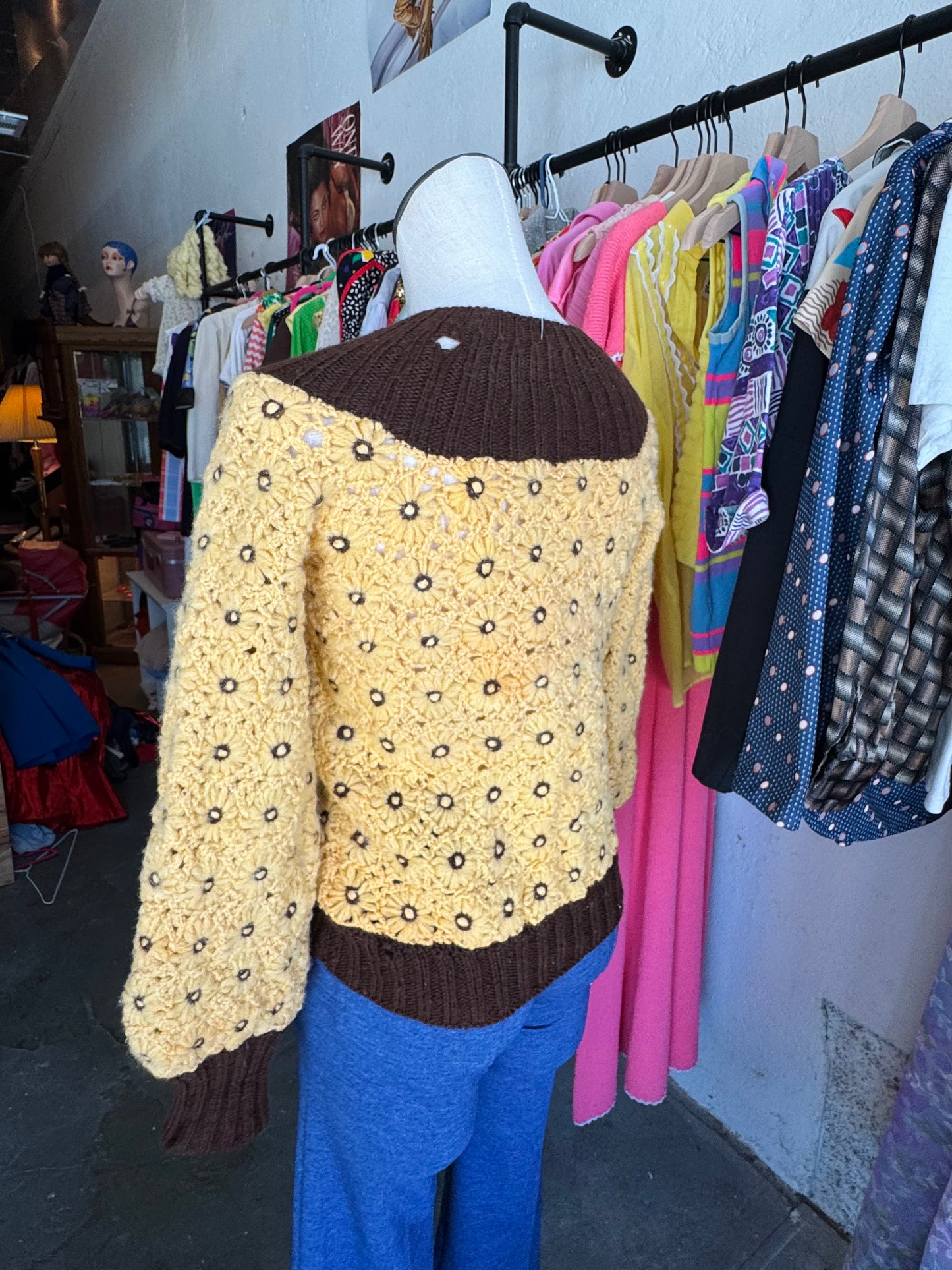 1970s Floral Knit Sweater with Fuzzy Ties