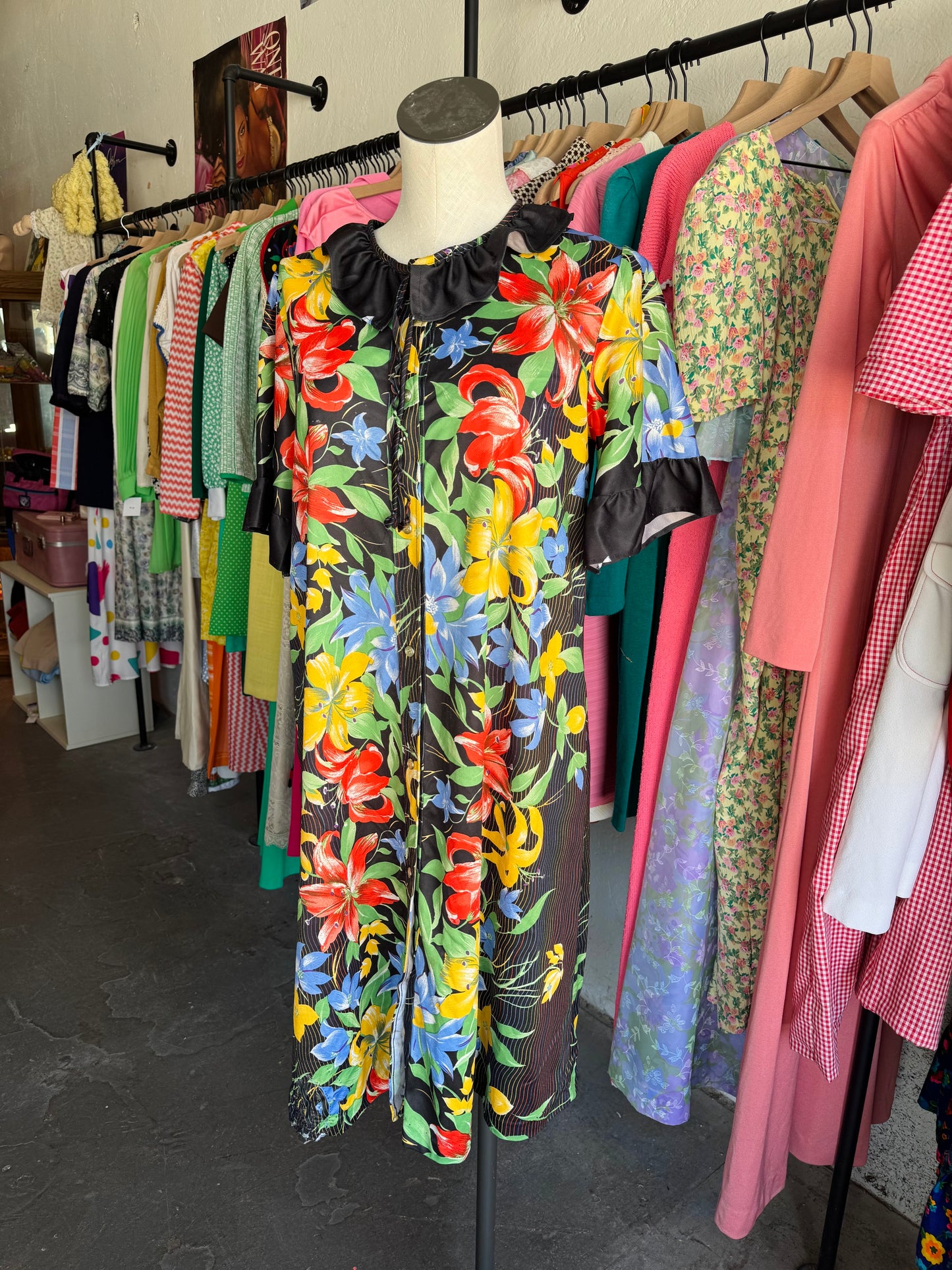 1980s Tropical Floral Button Front Dress