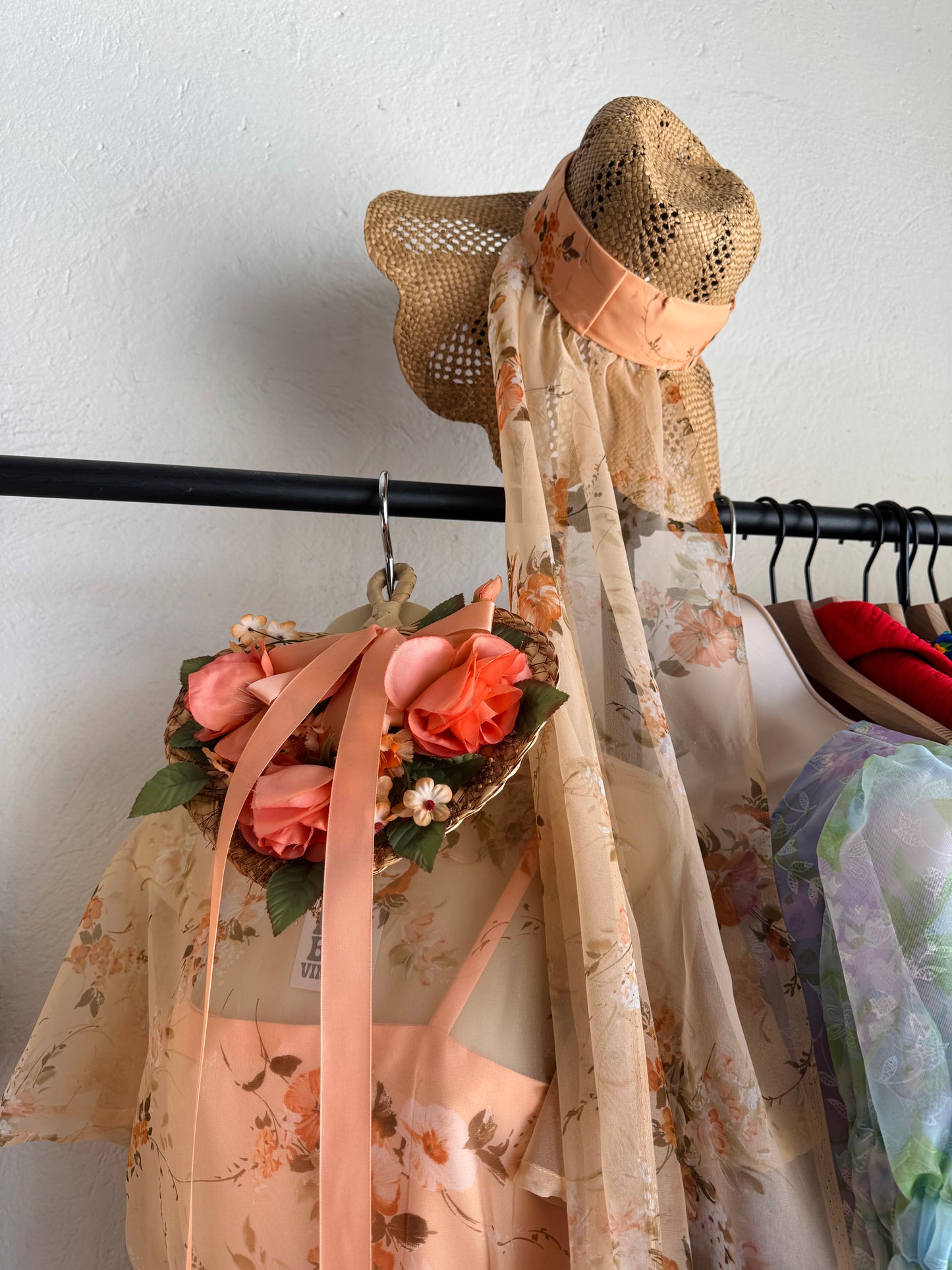 1970s Sheer Floral Dress Set with Hat