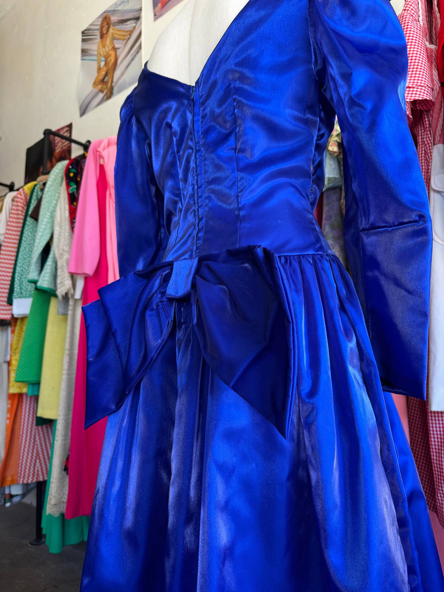 1980s Deep Blue Prom Dress with Bow