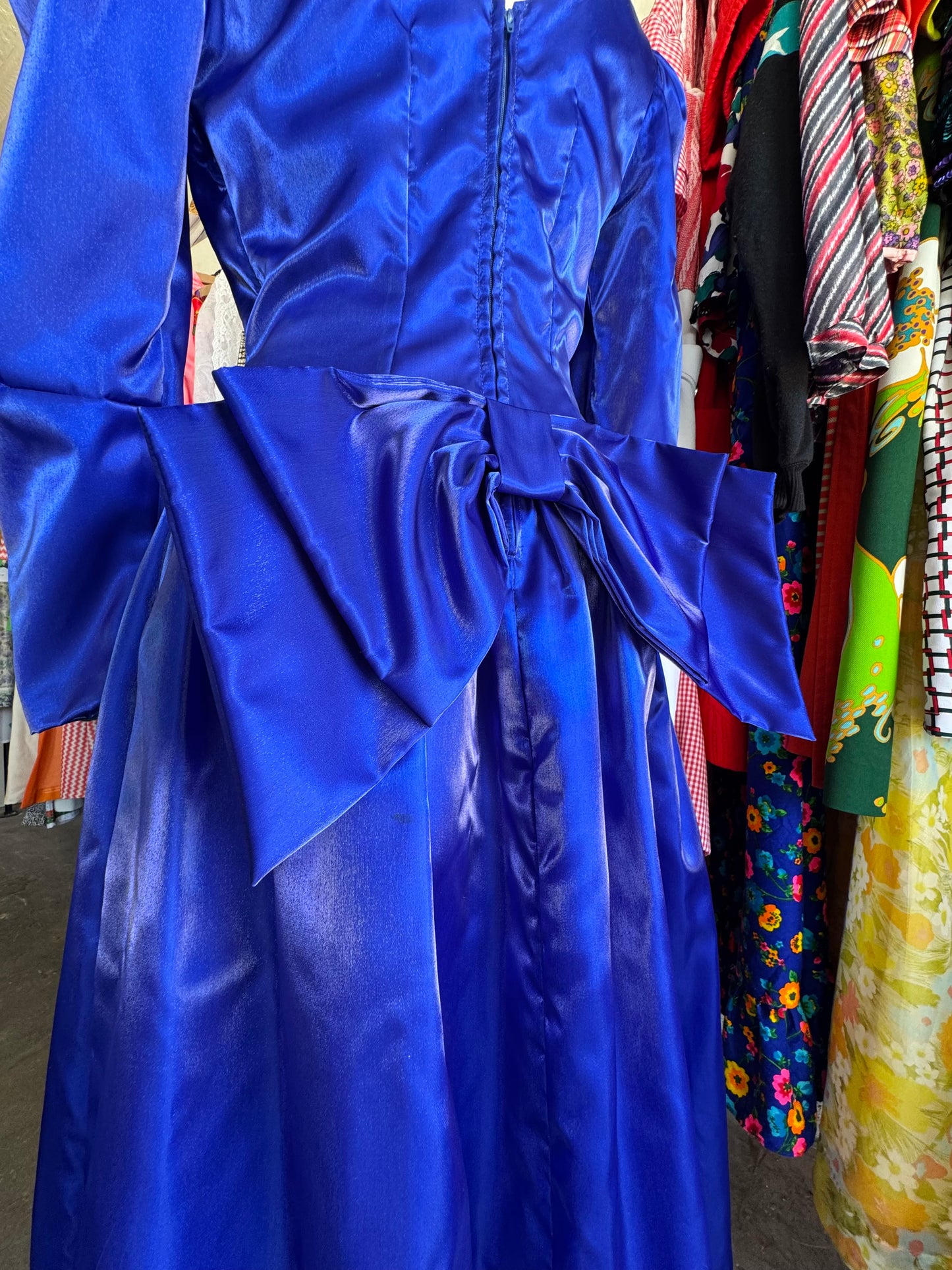 1980s Deep Blue Prom Dress with Bow