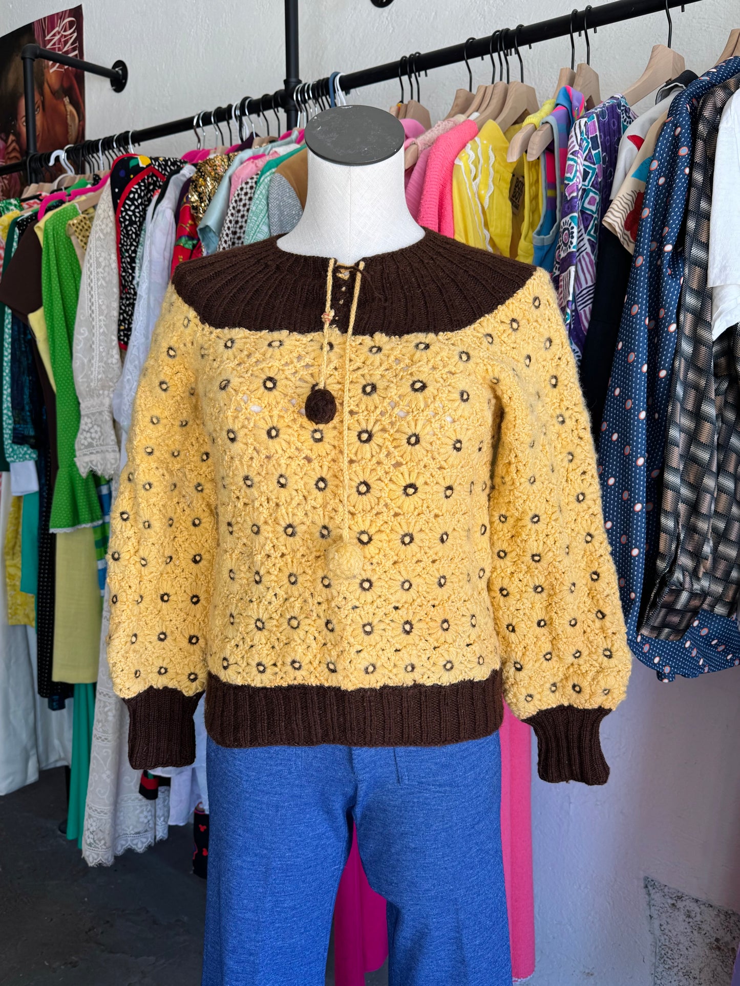 1970s Floral Knit Sweater with Fuzzy Ties