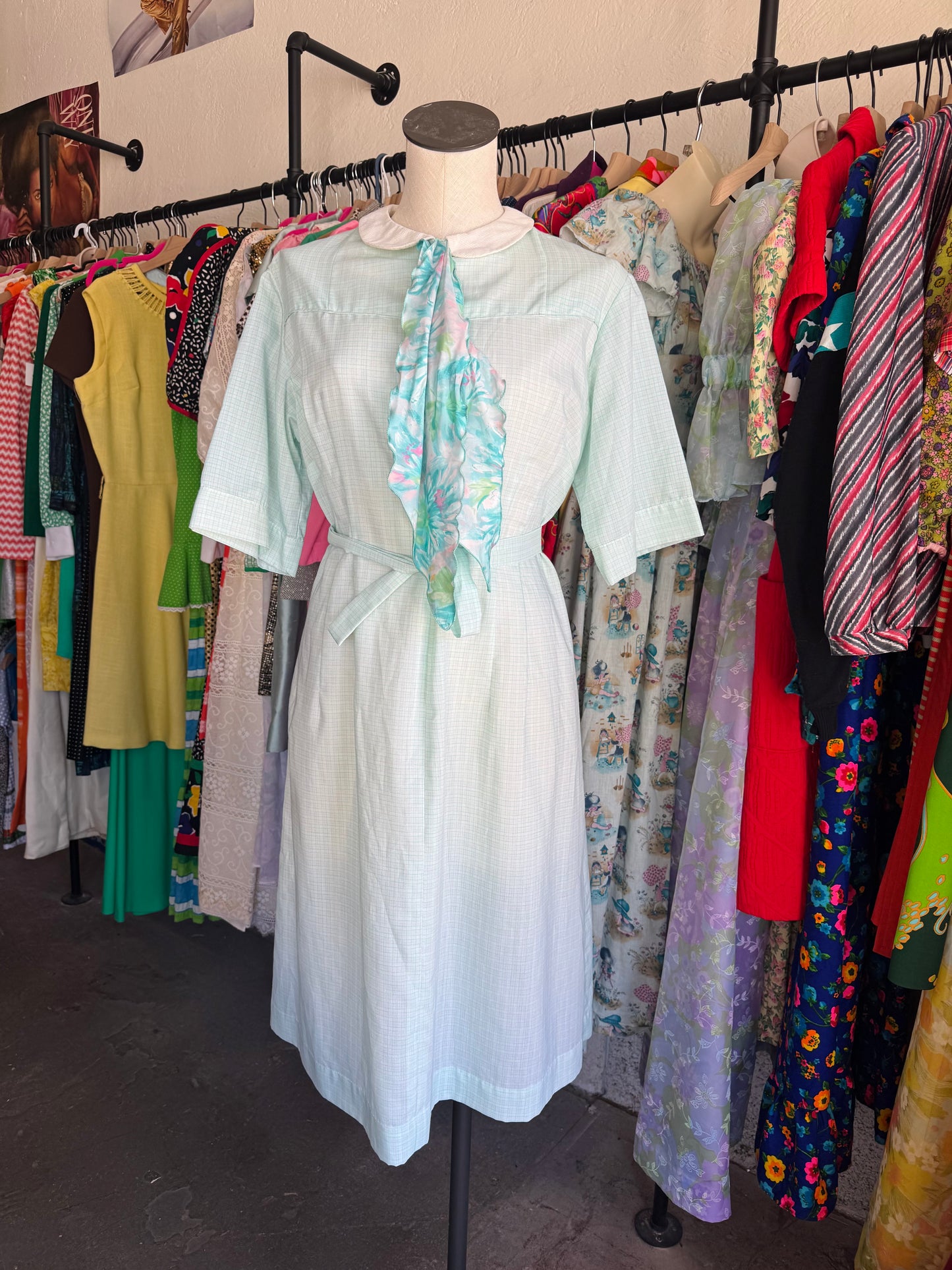 1960s Baby Blue Floral Neck Tie Dress