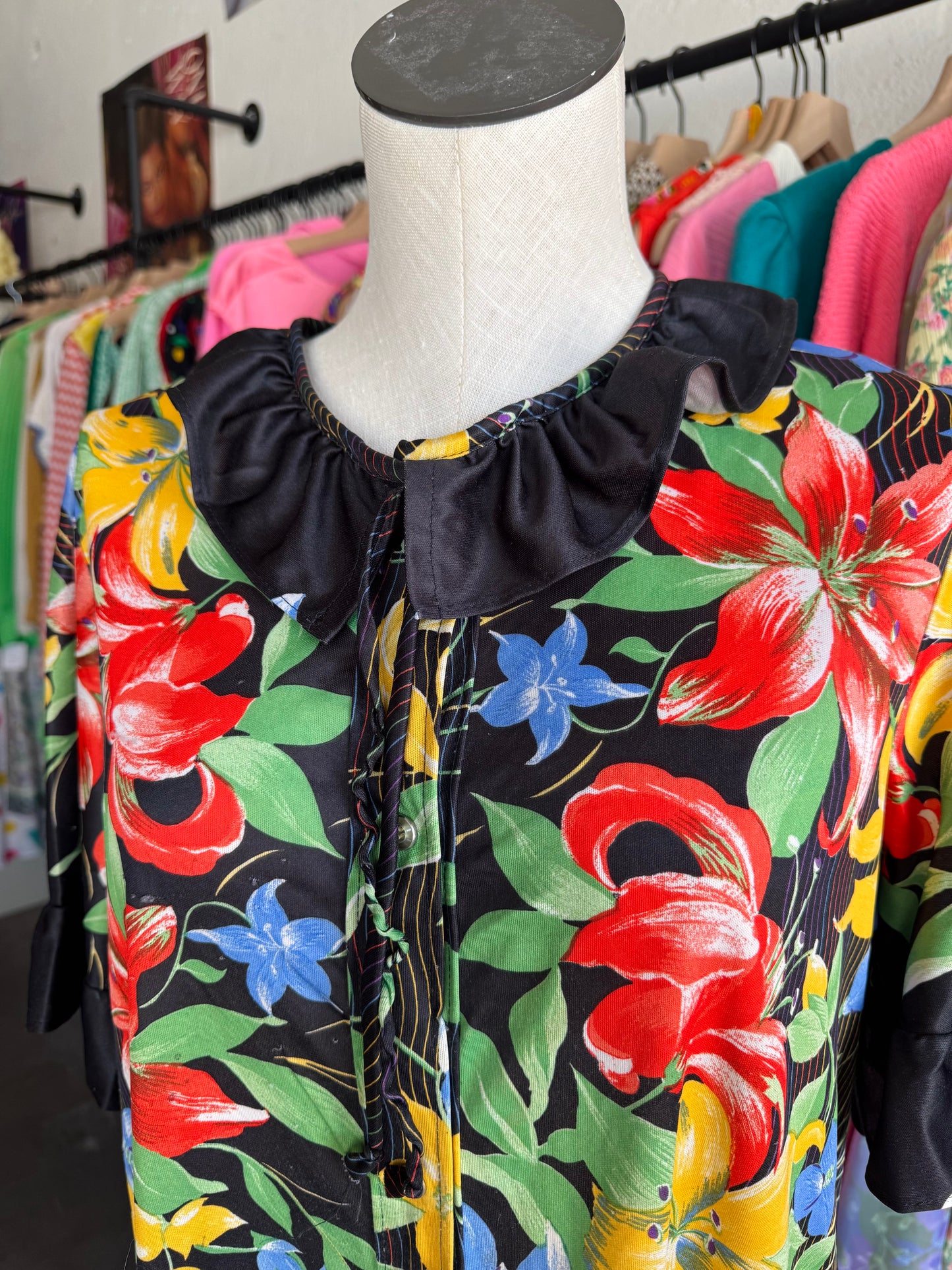 1980s Tropical Floral Button Front Dress