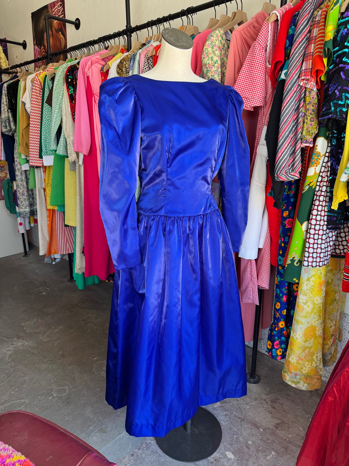 1980s Deep Blue Prom Dress with Bow