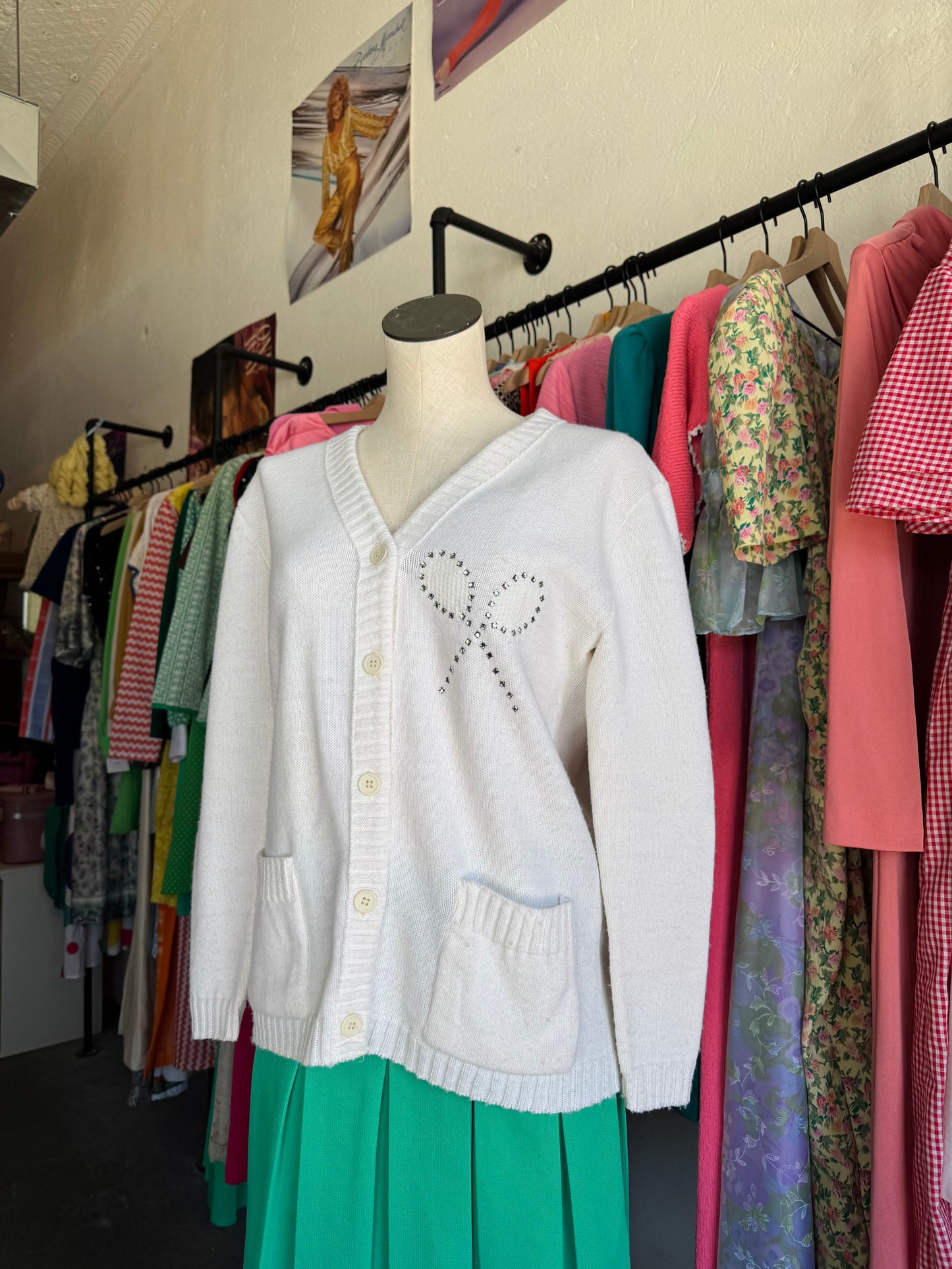 1970s Loomtogs Tennis Whites Bedazzled Cardigan