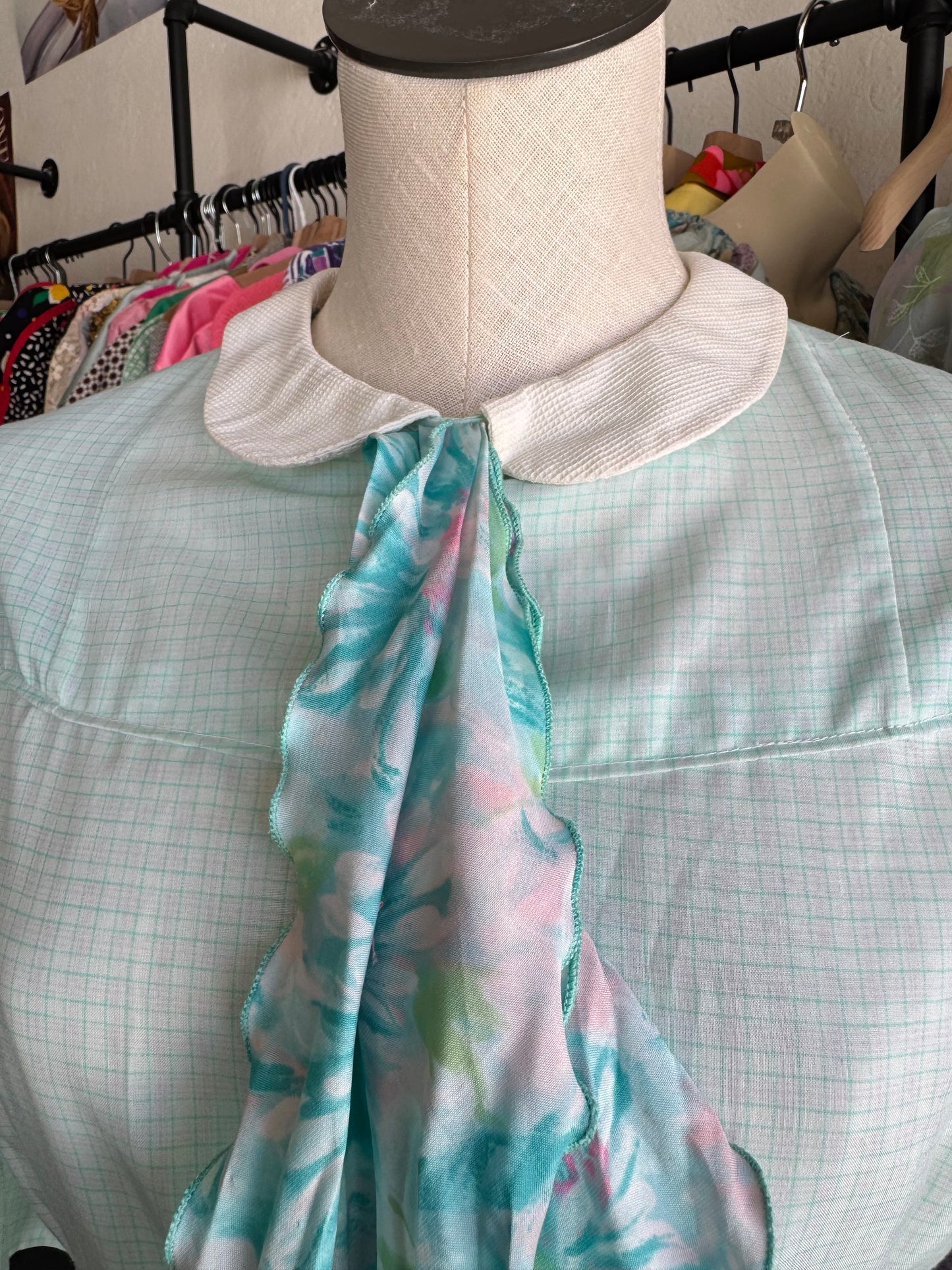1960s Baby Blue Floral Neck Tie Dress