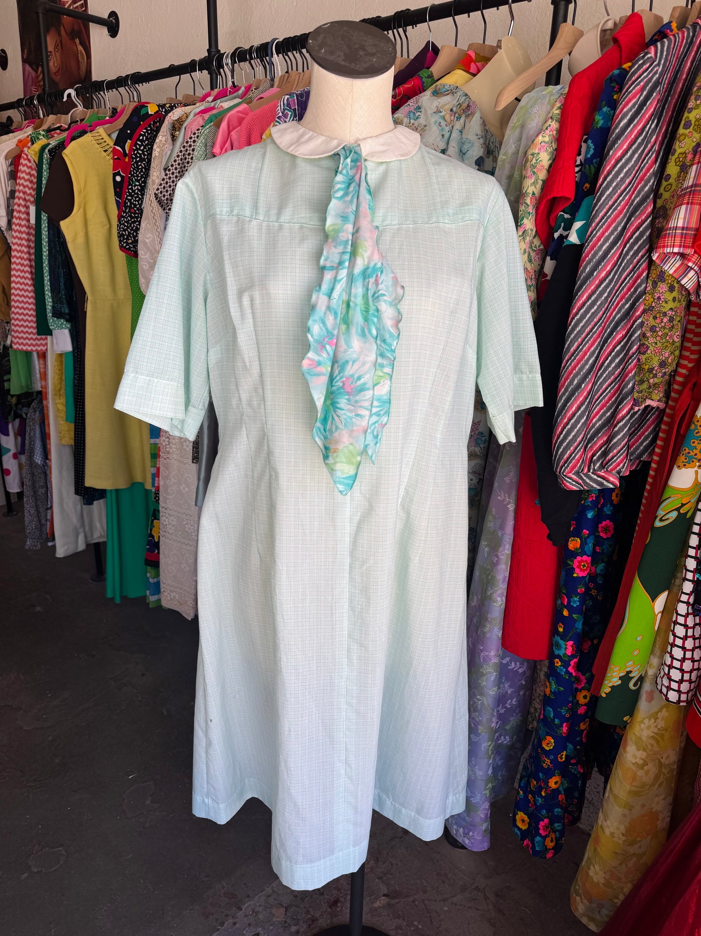 1960s Baby Blue Floral Neck Tie Dress