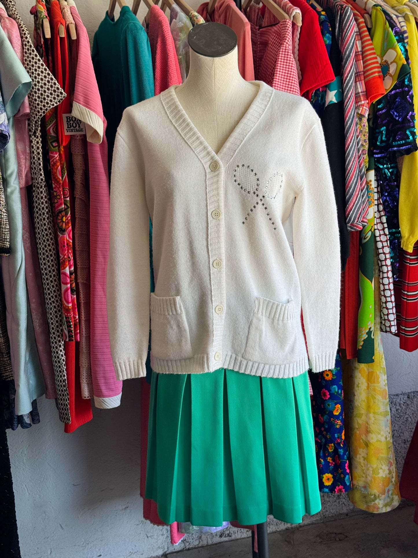 1970s Loomtogs Tennis Whites Bedazzled Cardigan