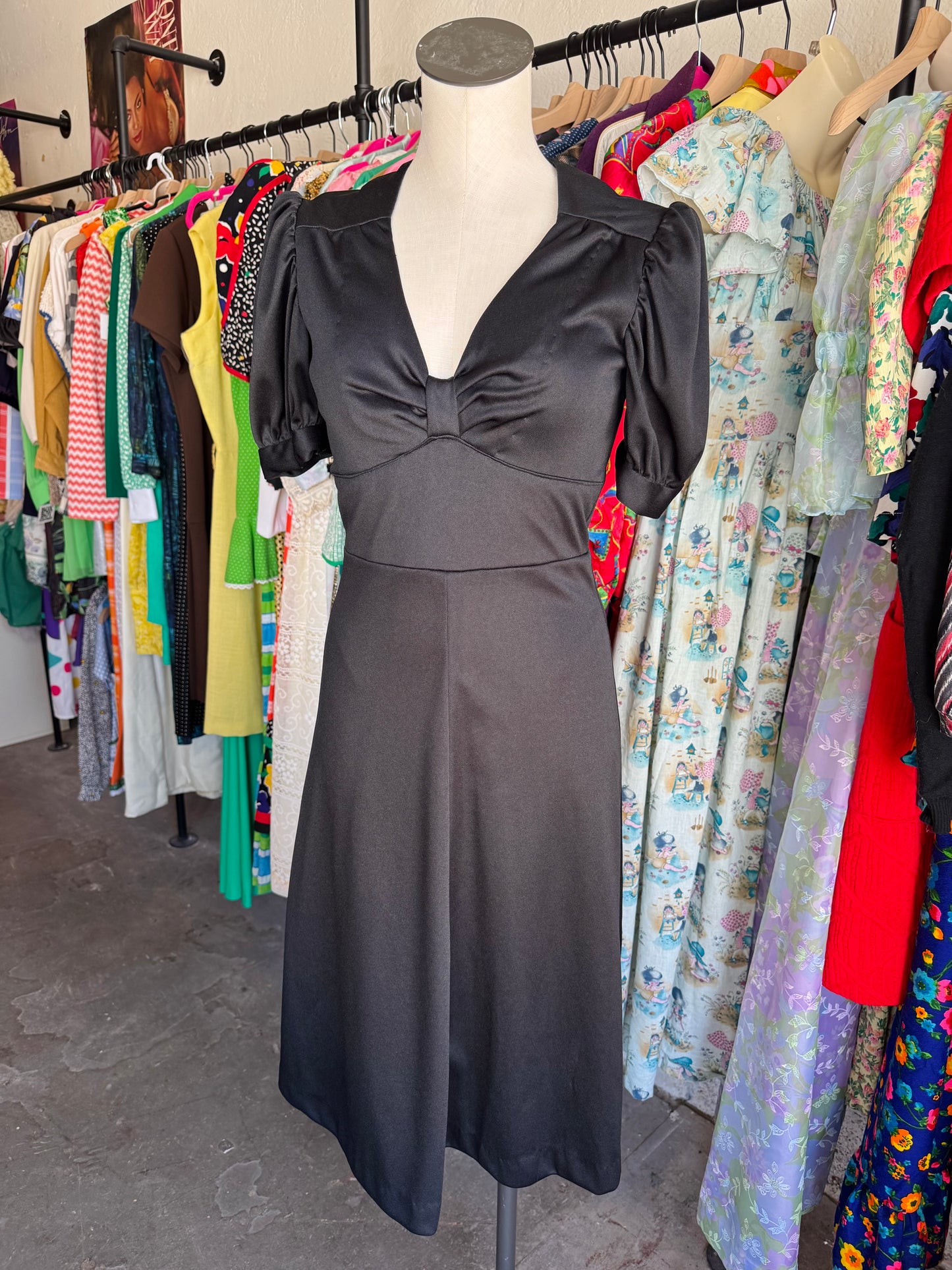 1970s Handmade Black Bow Dress