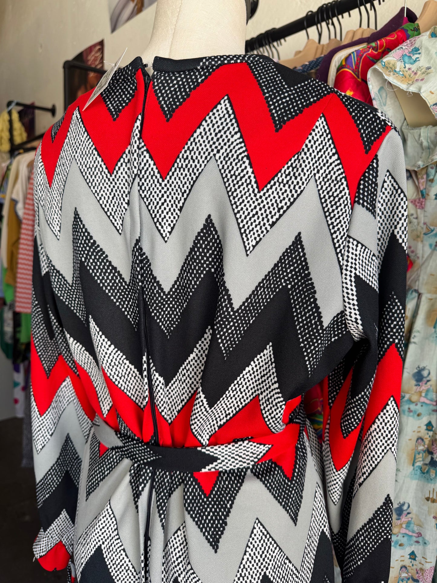 1980s Red Black Grey Zig Zag Dress