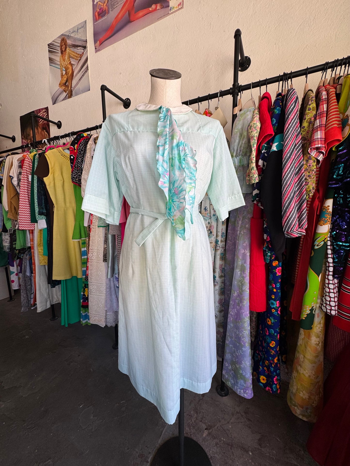 1960s Baby Blue Floral Neck Tie Dress