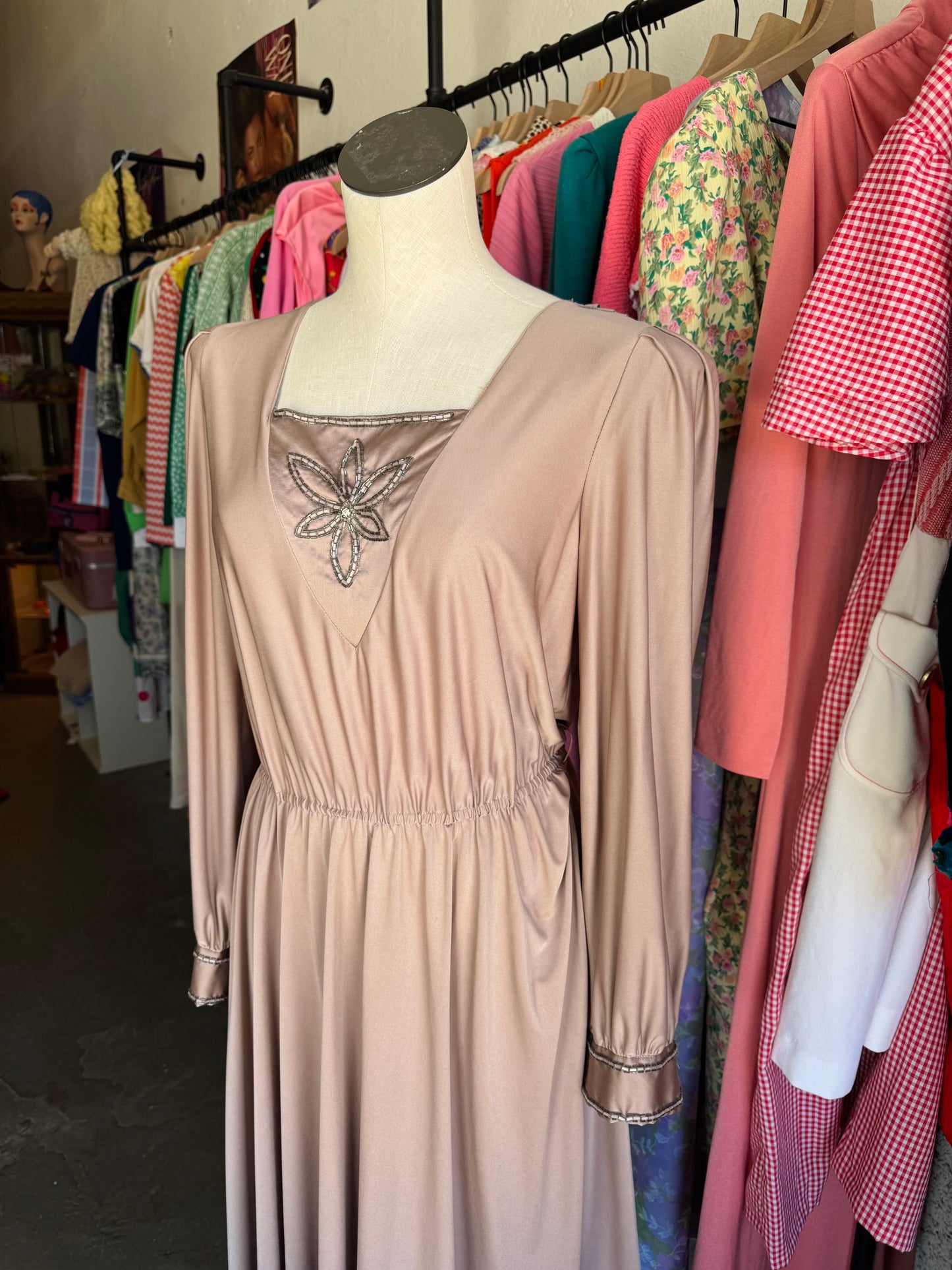 Vintage Brown Beaded Flower Dress