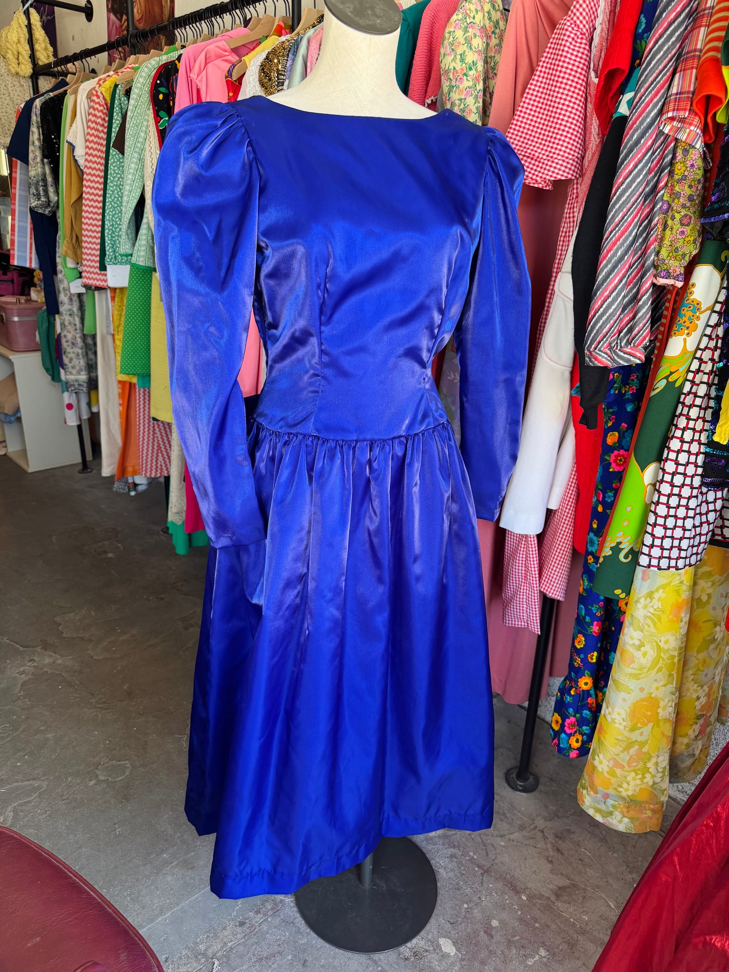 1980s Deep Blue Prom Dress with Bow