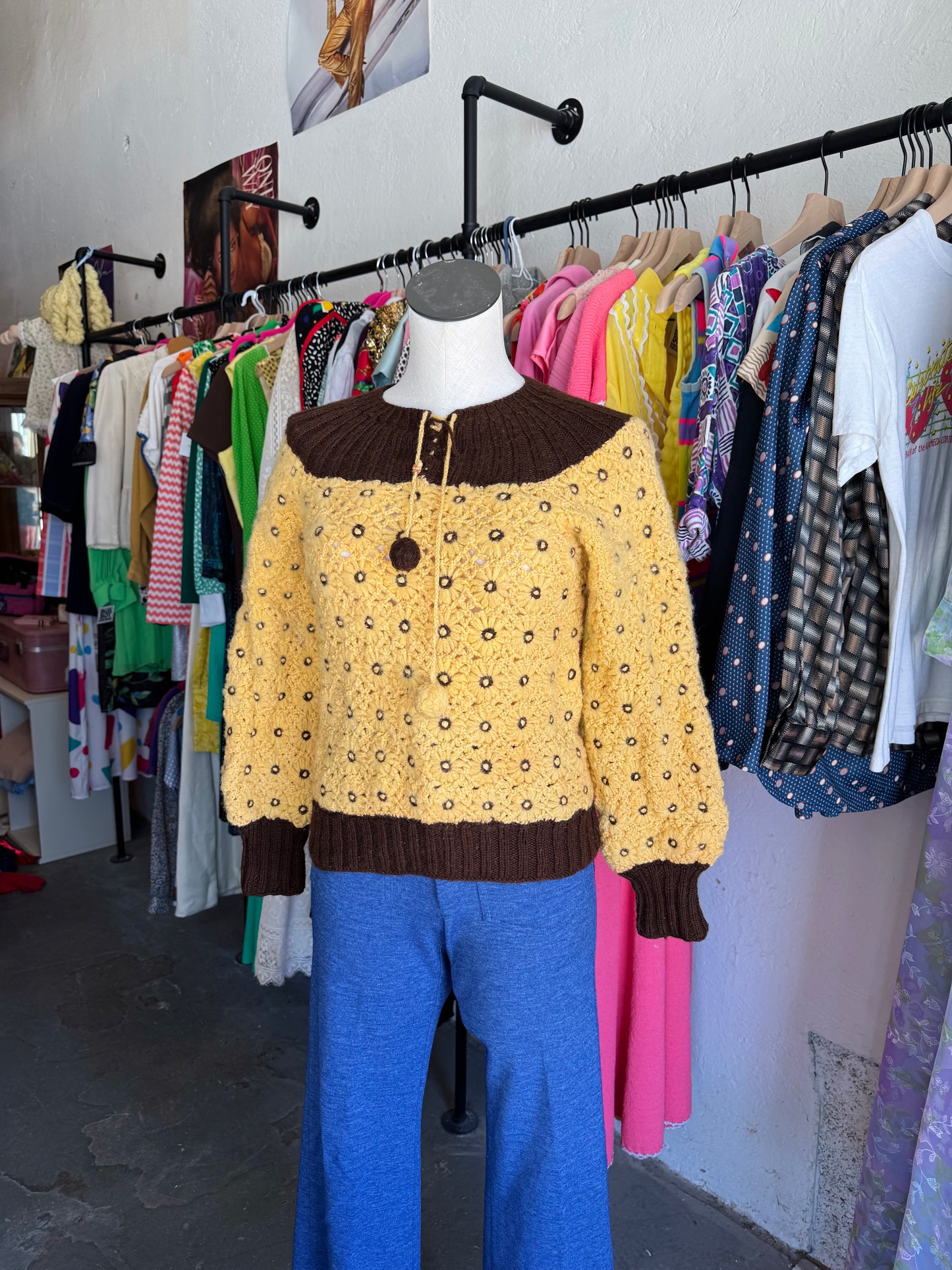 1970s Floral Knit Sweater with Fuzzy Ties