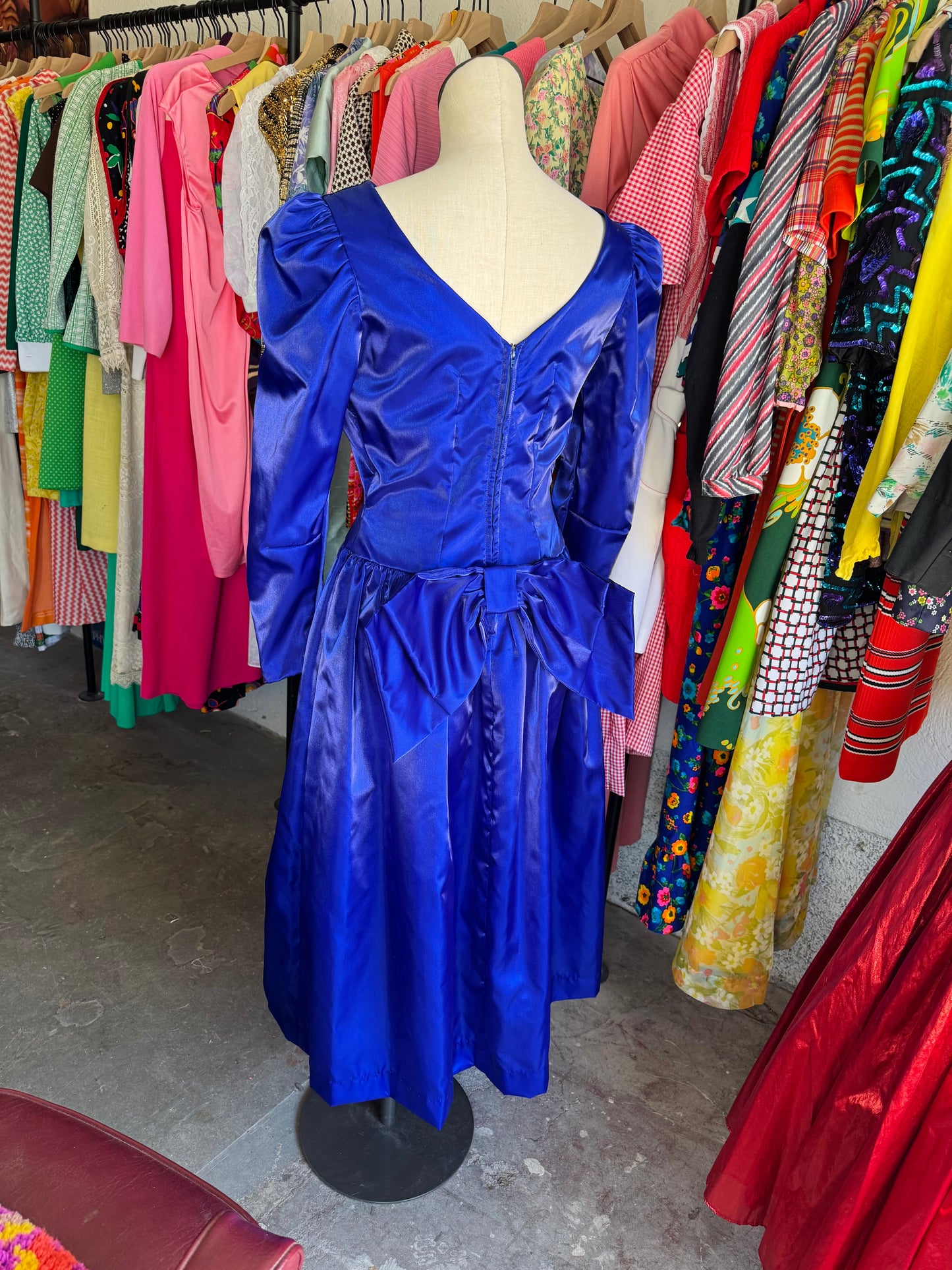 1980s Deep Blue Prom Dress with Bow