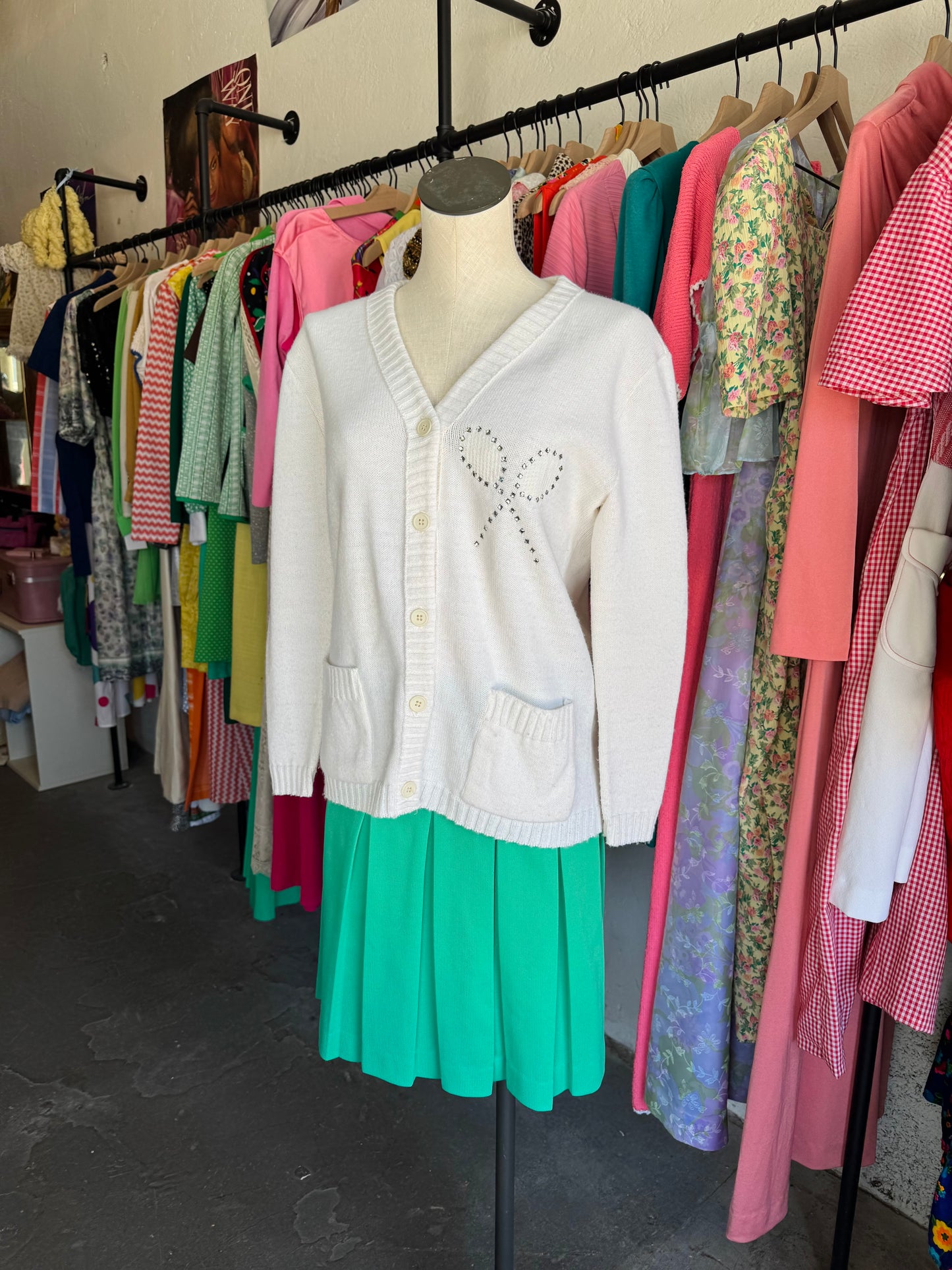 1970s Loomtogs Tennis Whites Bedazzled Cardigan