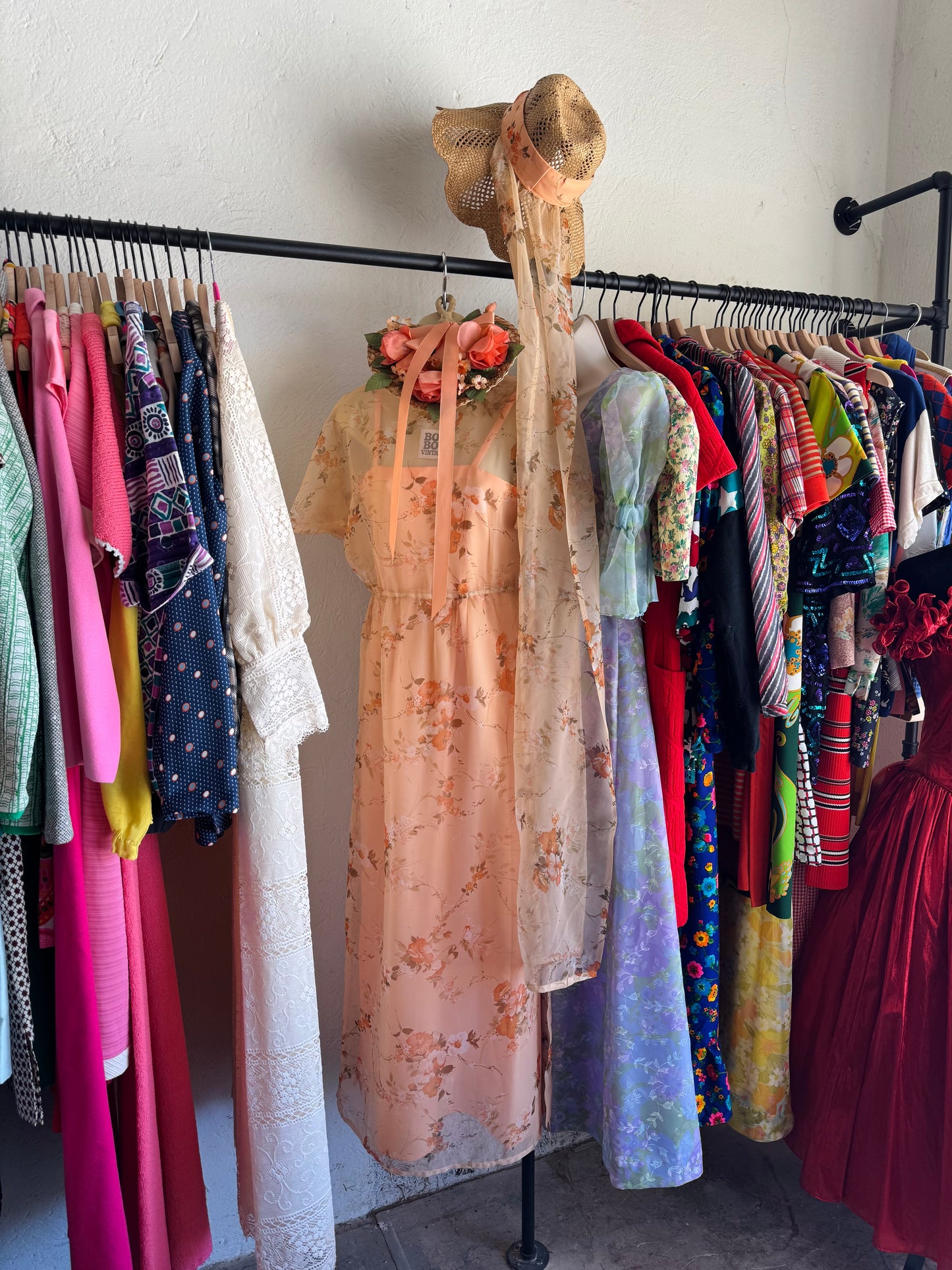 1970s Sheer Floral Dress Set with Hat