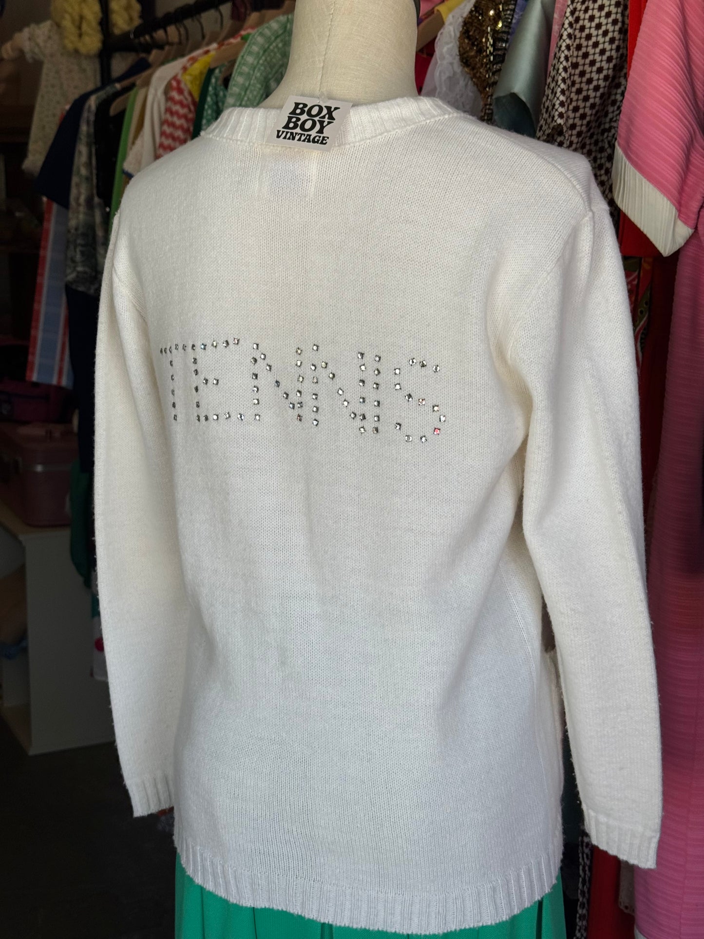 1970s Loomtogs Tennis Whites Bedazzled Cardigan