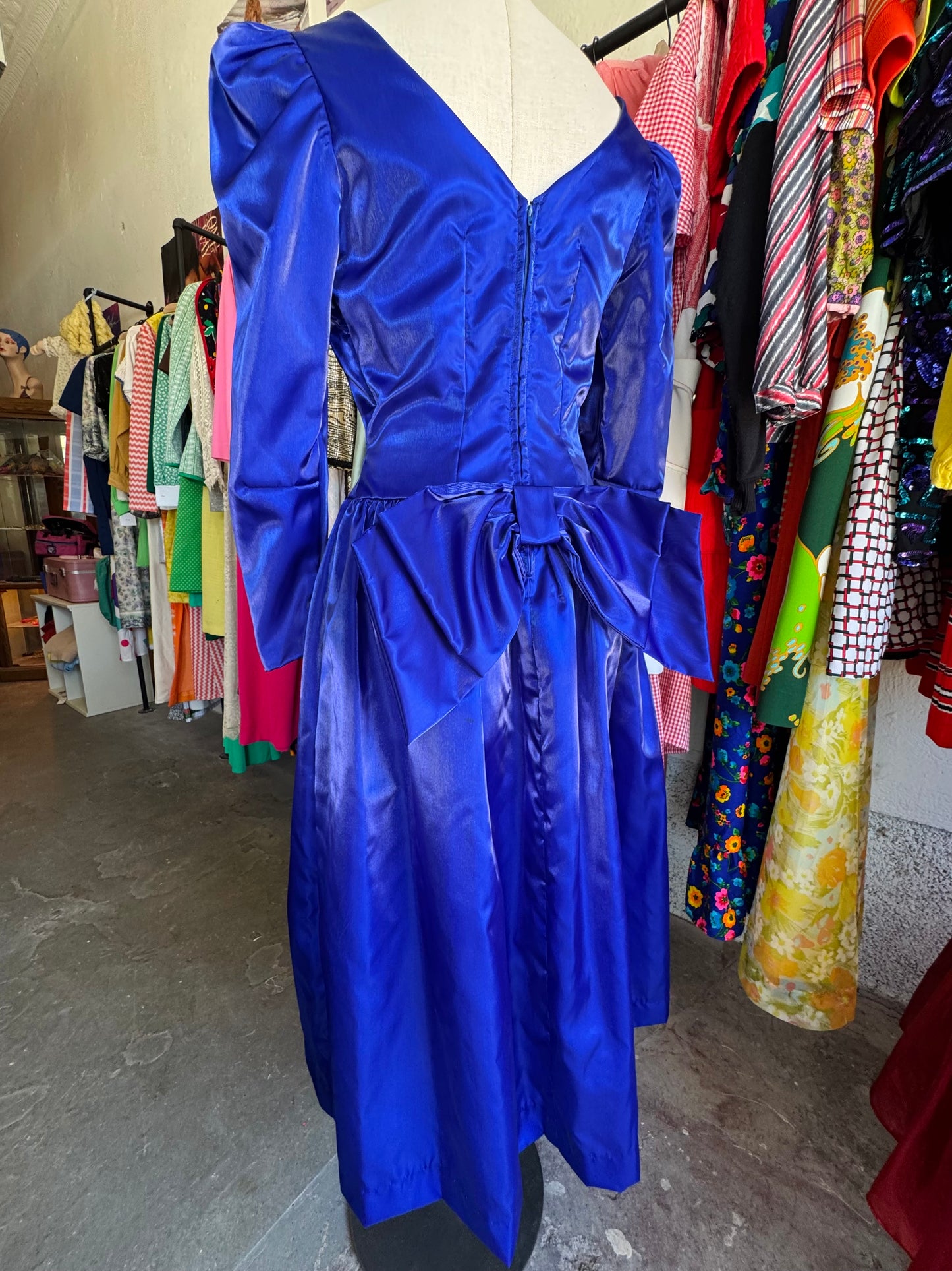 1980s Deep Blue Prom Dress with Bow