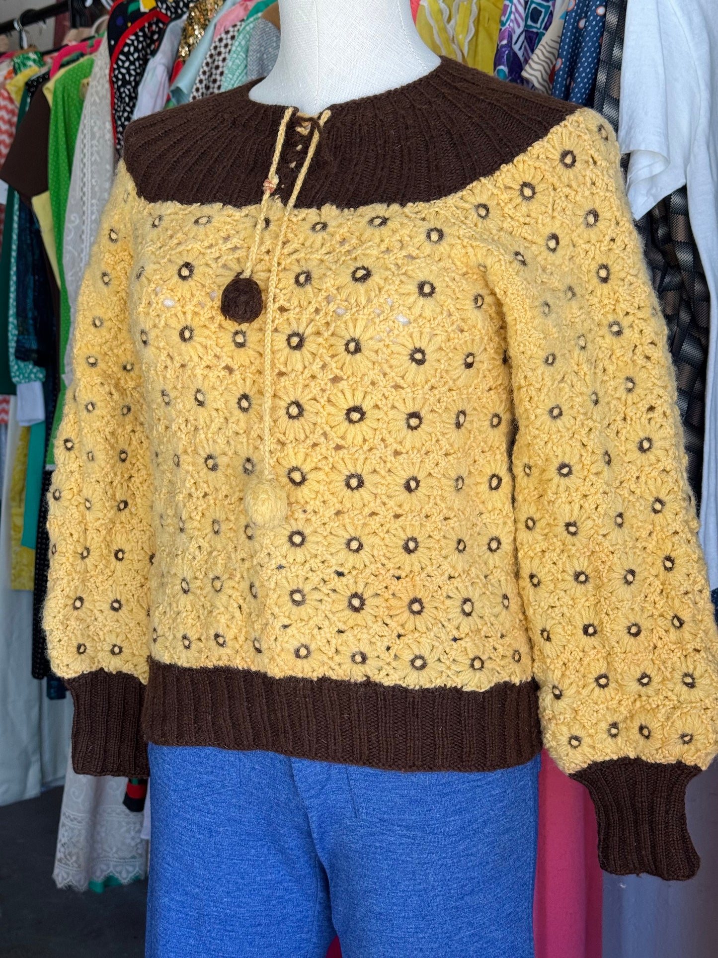 1970s Floral Knit Sweater with Fuzzy Ties