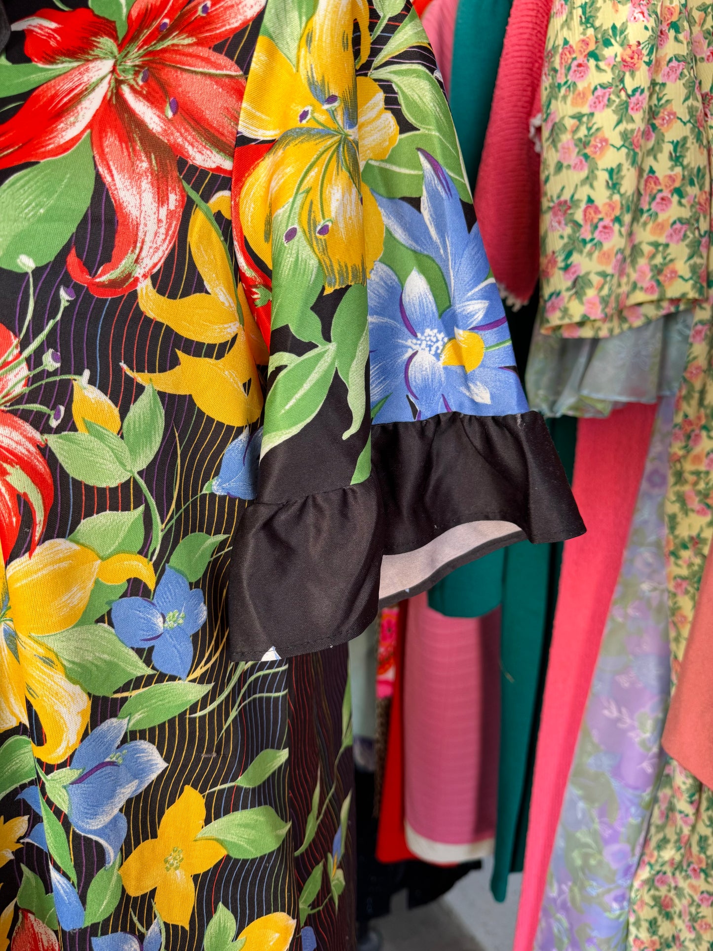 1980s Tropical Floral Button Front Dress