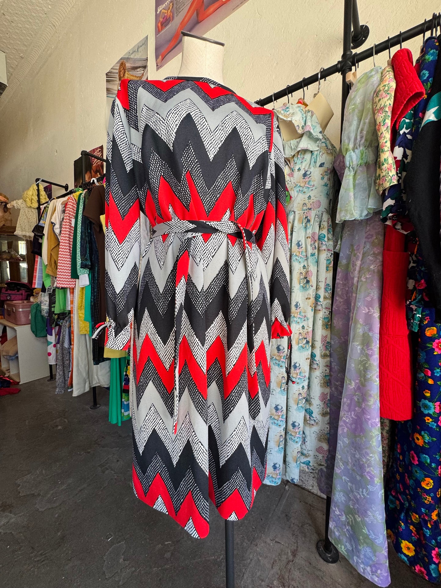 1980s Red Black Grey Zig Zag Dress