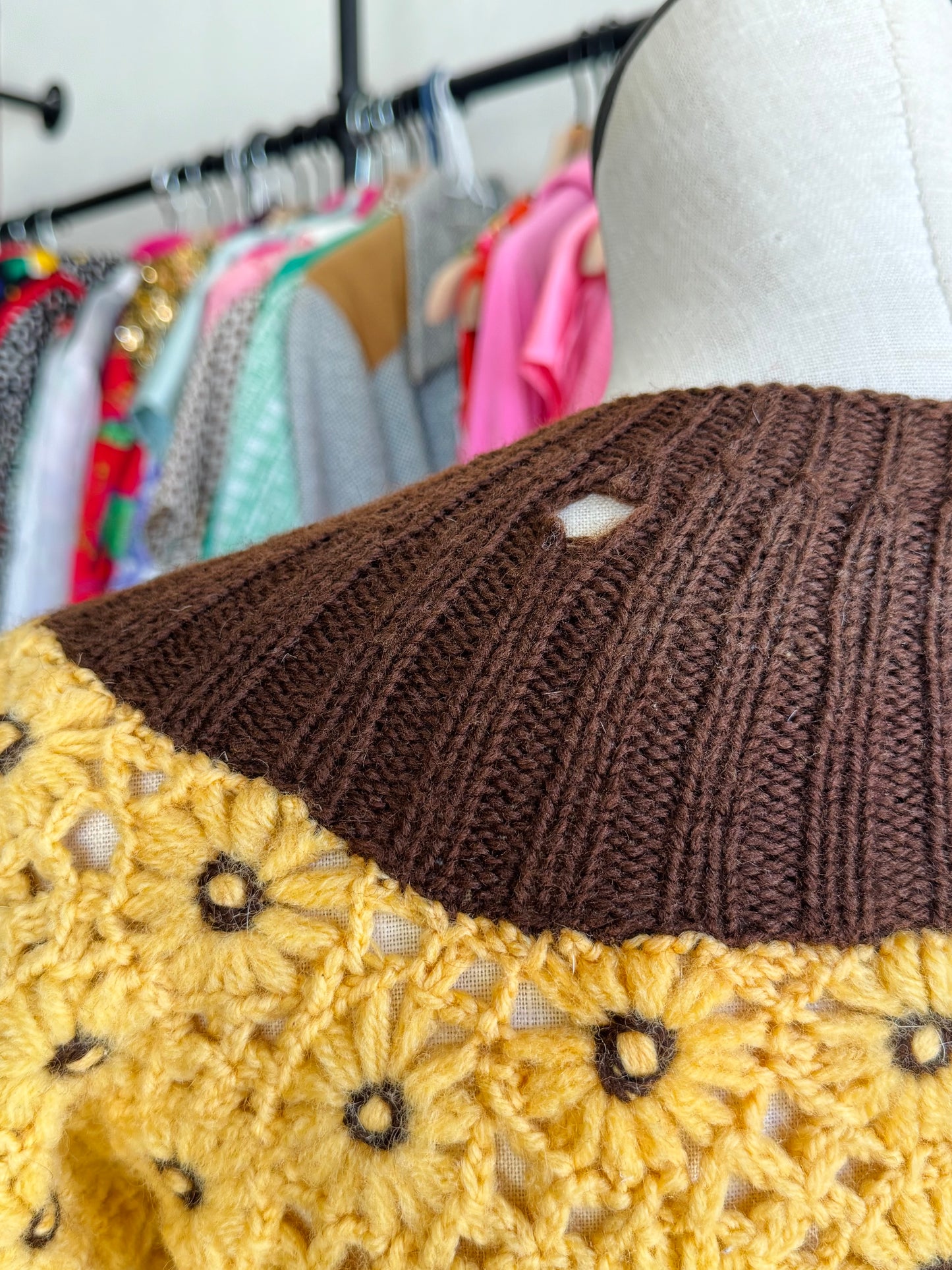 1970s Floral Knit Sweater with Fuzzy Ties