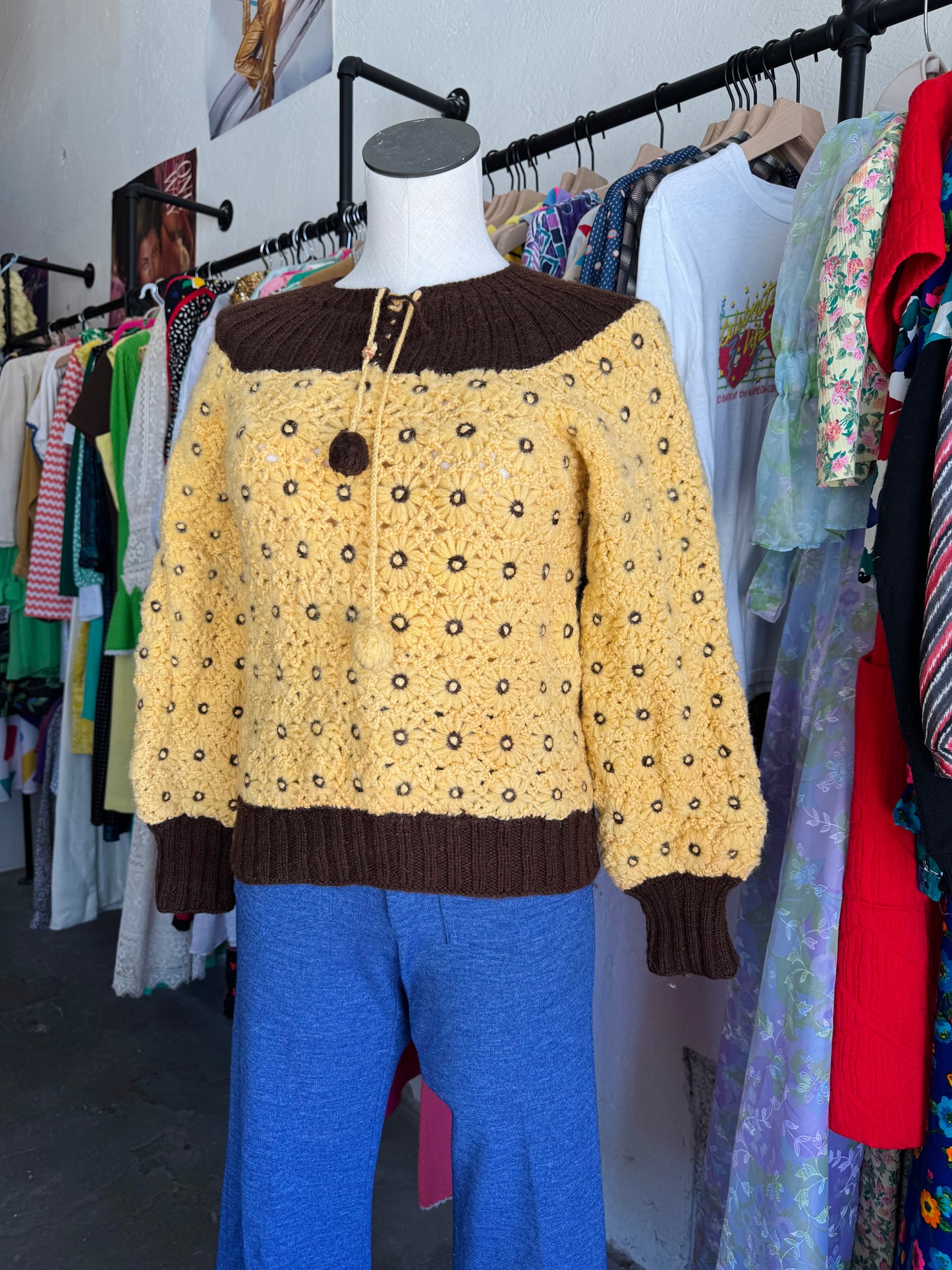 1970s Floral Knit Sweater with Fuzzy Ties