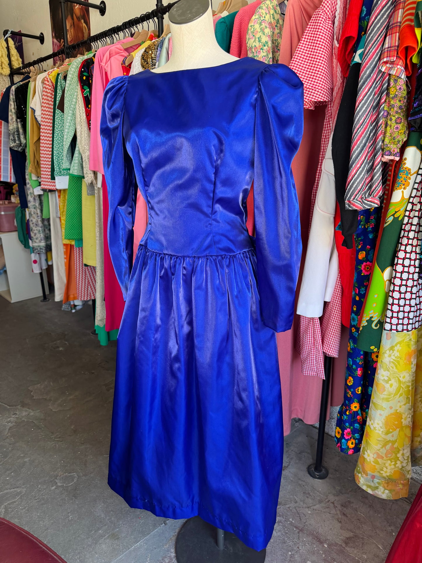 1980s Deep Blue Prom Dress with Bow