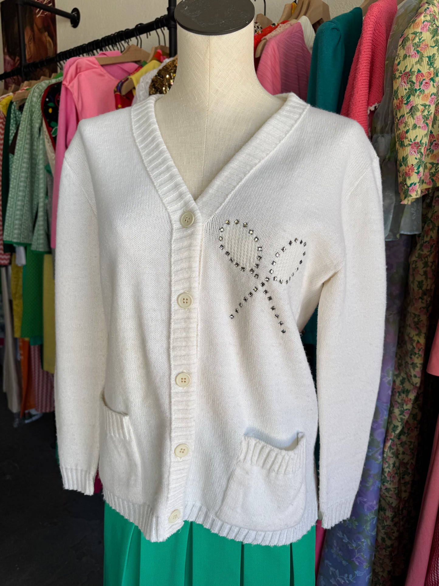 1970s Loomtogs Tennis Whites Bedazzled Cardigan