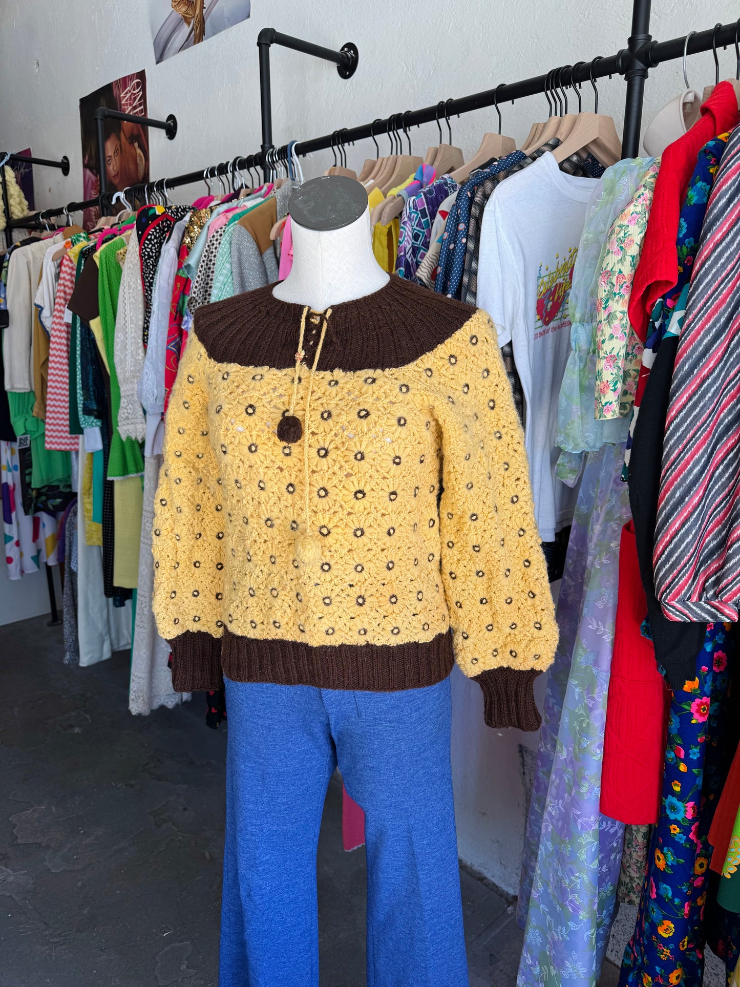 1970s Floral Knit Sweater with Fuzzy Ties