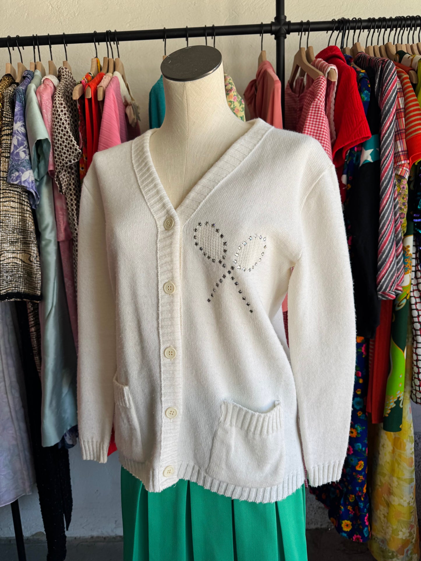 1970s Loomtogs Tennis Whites Bedazzled Cardigan