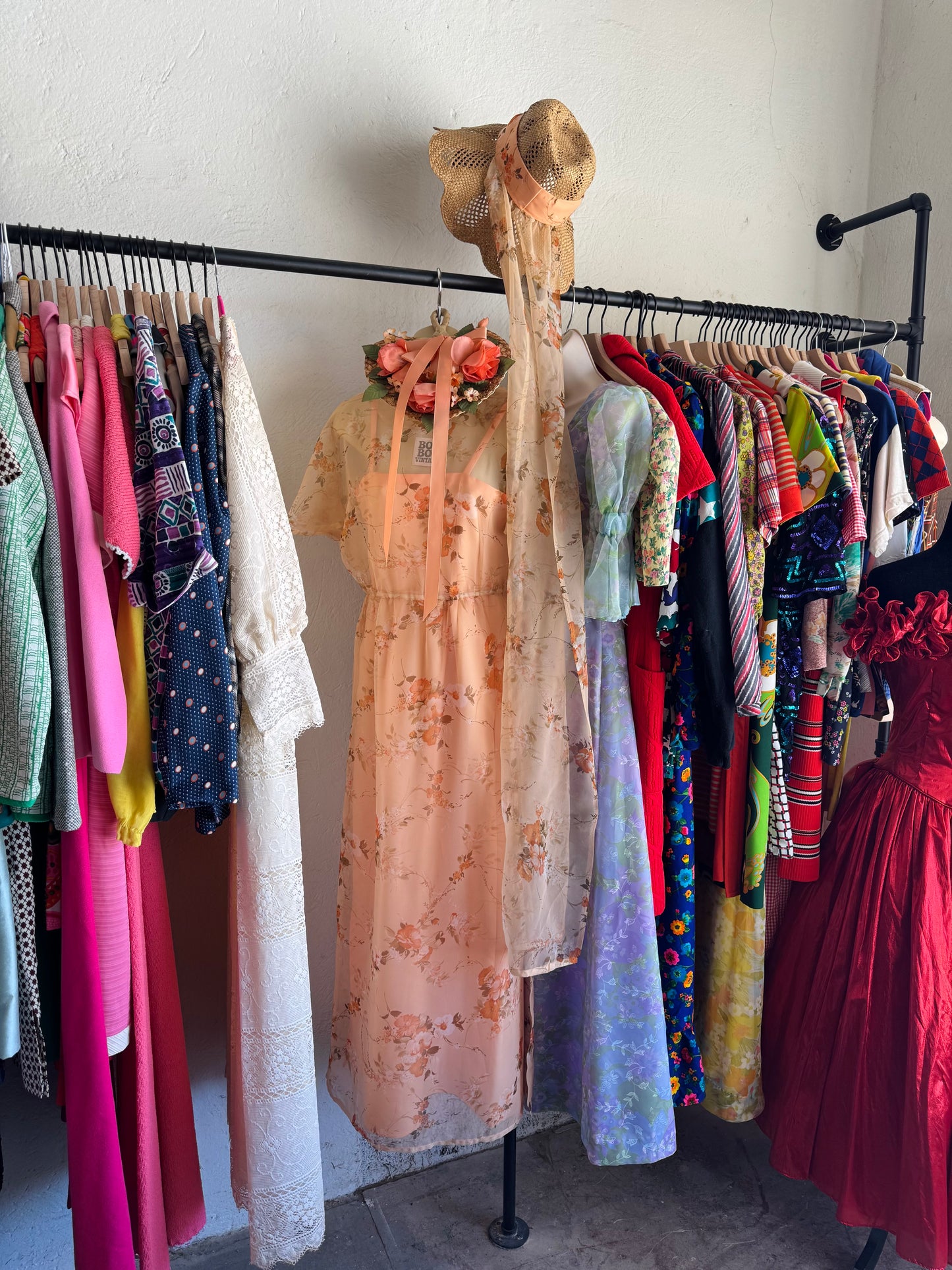 1970s Sheer Floral Dress Set with Hat