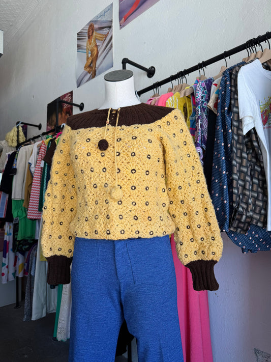 1970s Floral Knit Sweater with Fuzzy Ties