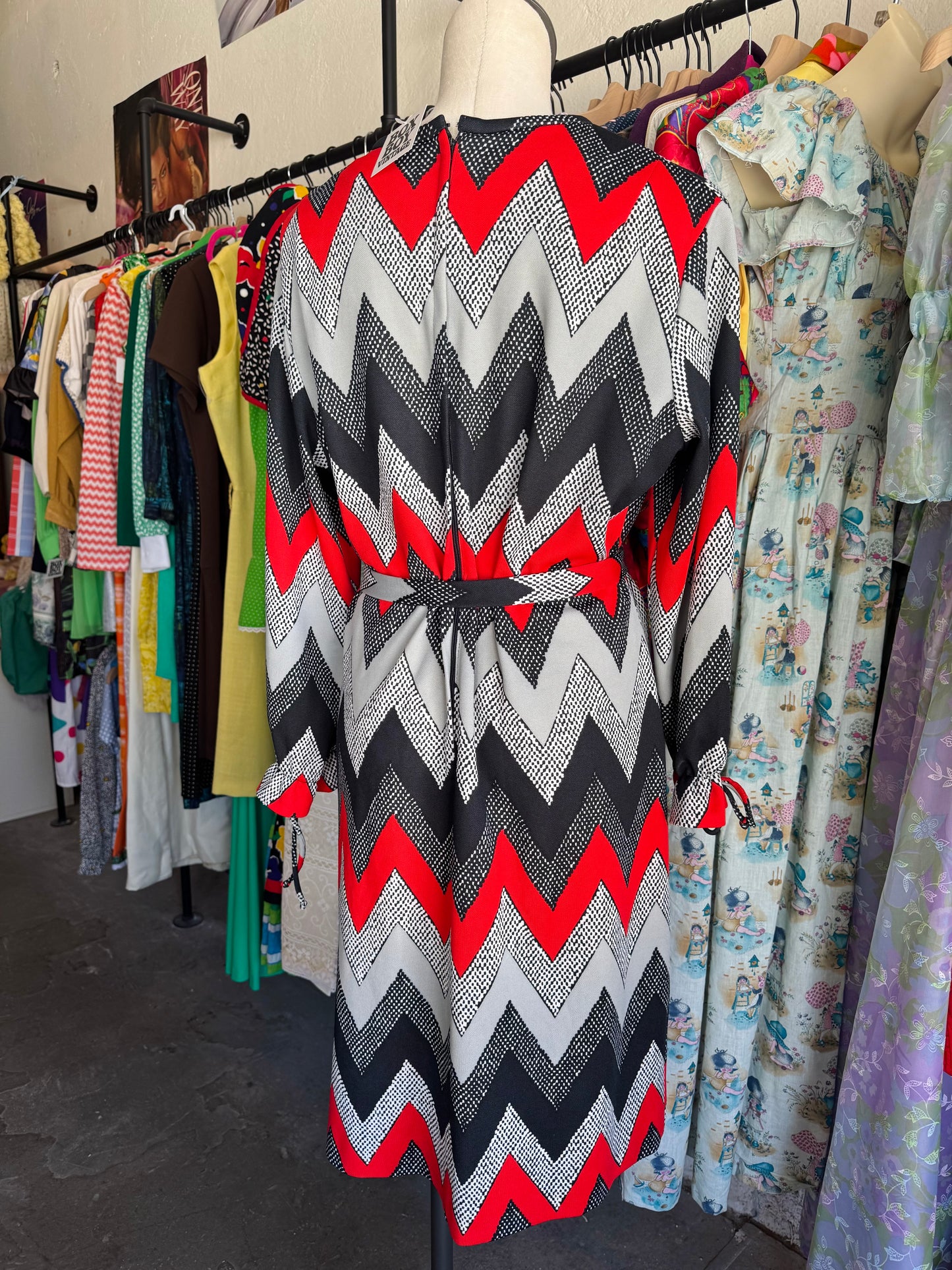 1980s Red Black Grey Zig Zag Dress