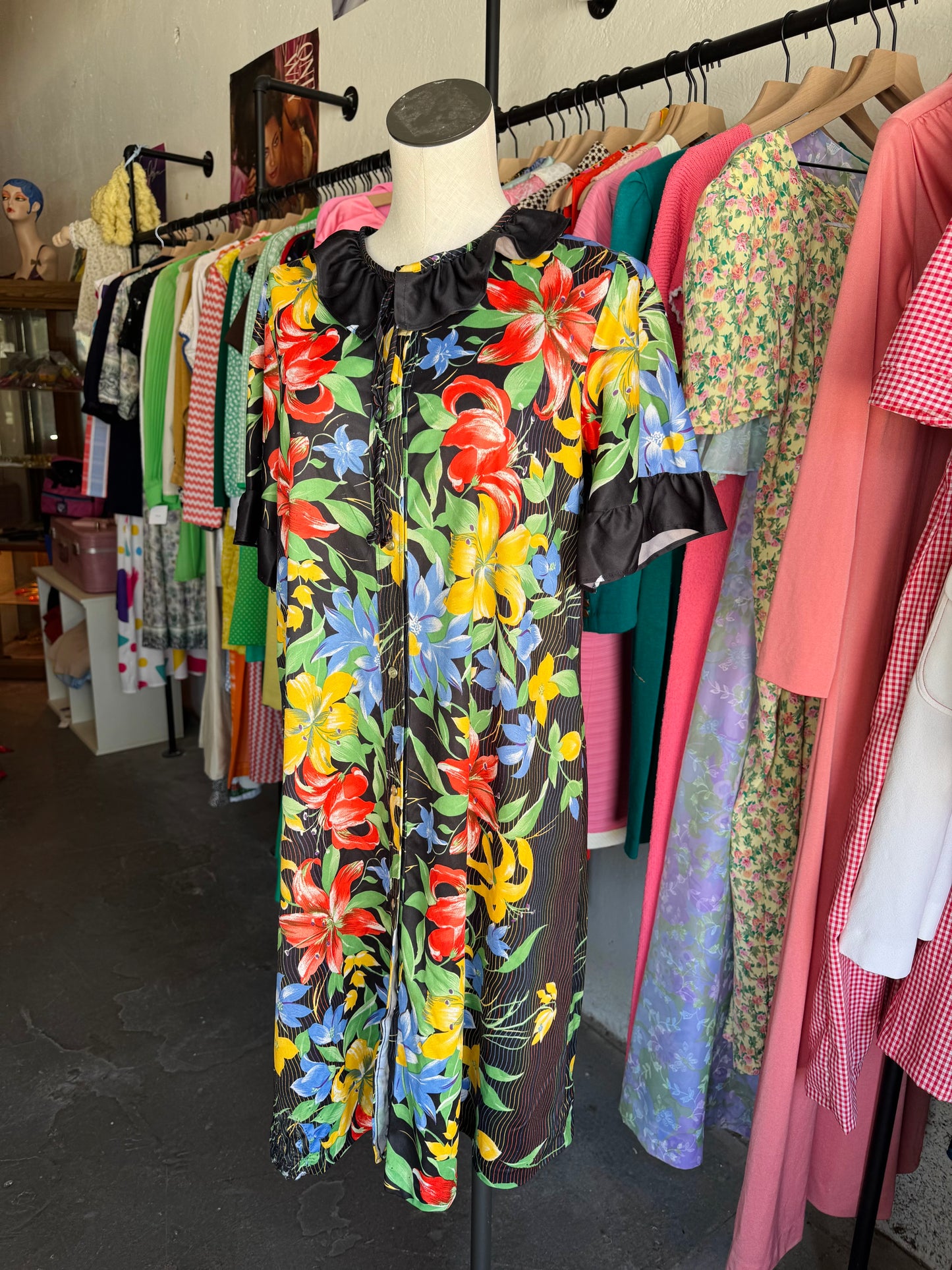 1980s Tropical Floral Button Front Dress