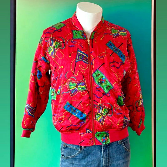 1990s Quilted Red Jacket with Fun Pattern