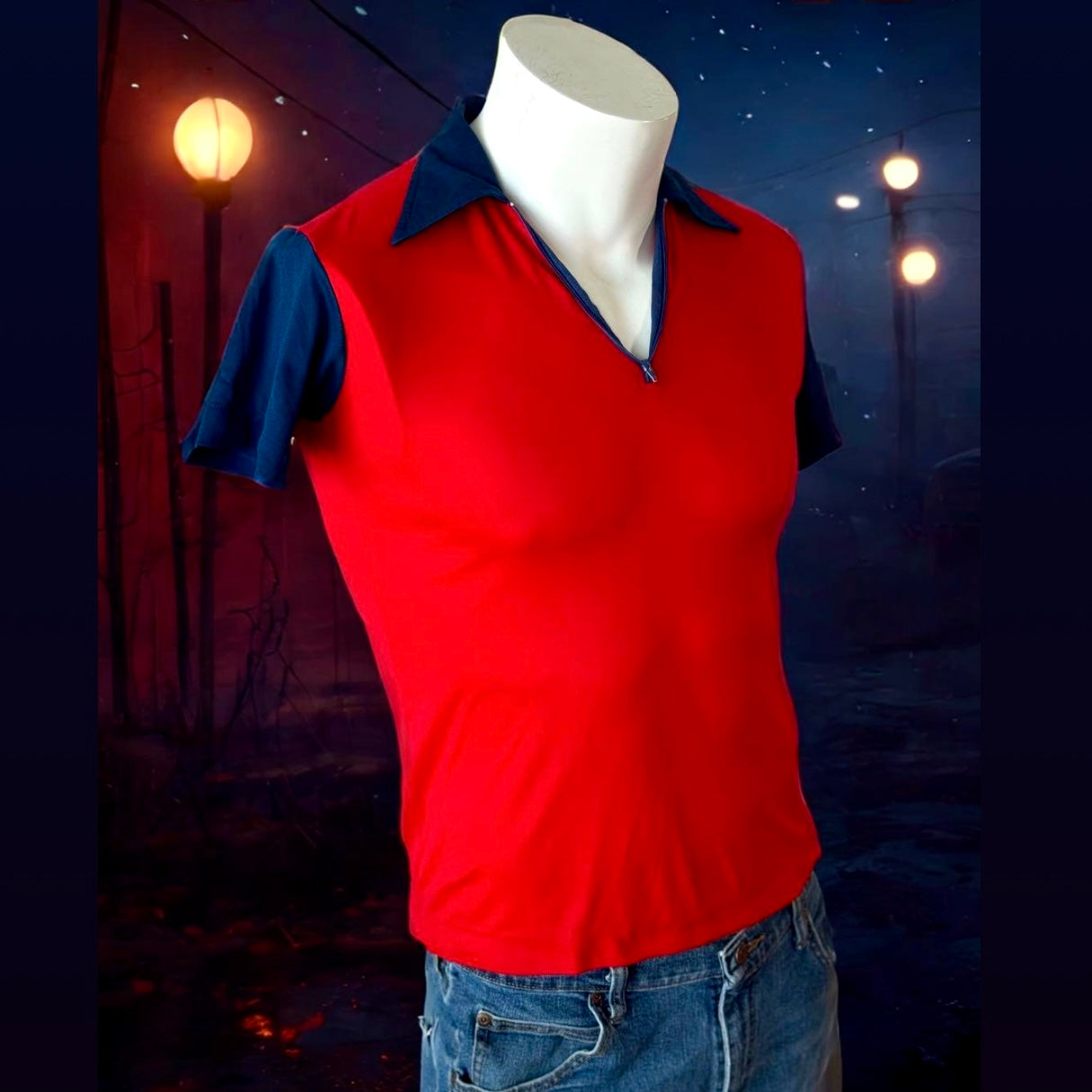 1970s Stretchy Red and Navy Zip V-Neck Top