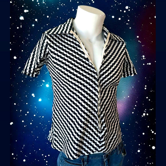 1970s Trippy Black and White Dagger Collar Shirt