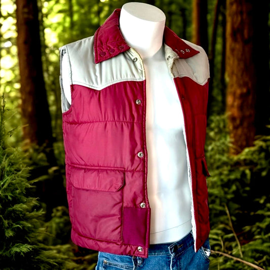 1980s Maroon and Off-White Puffer Vest - Repair Patch