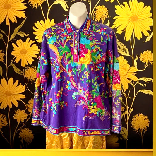 1980s Colorful Floral Top with Gold Buttons - Great Condition