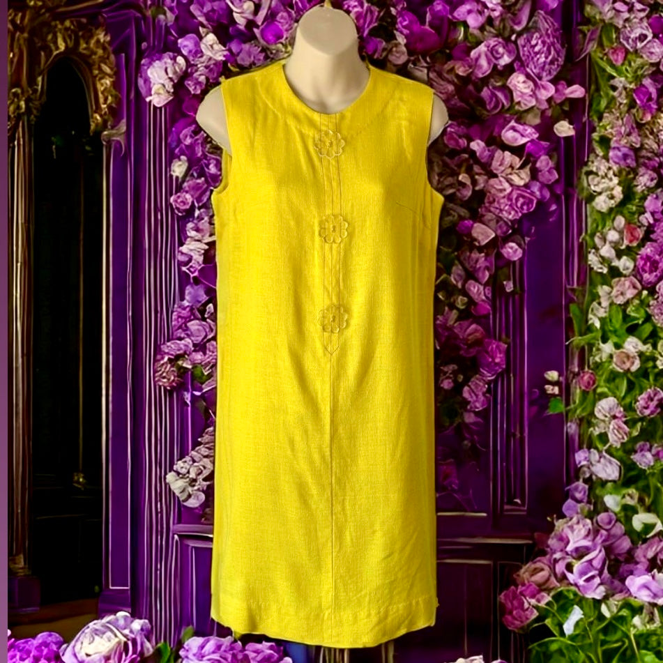 1960s Yellow Dress with Flower Buttons - Great Condition