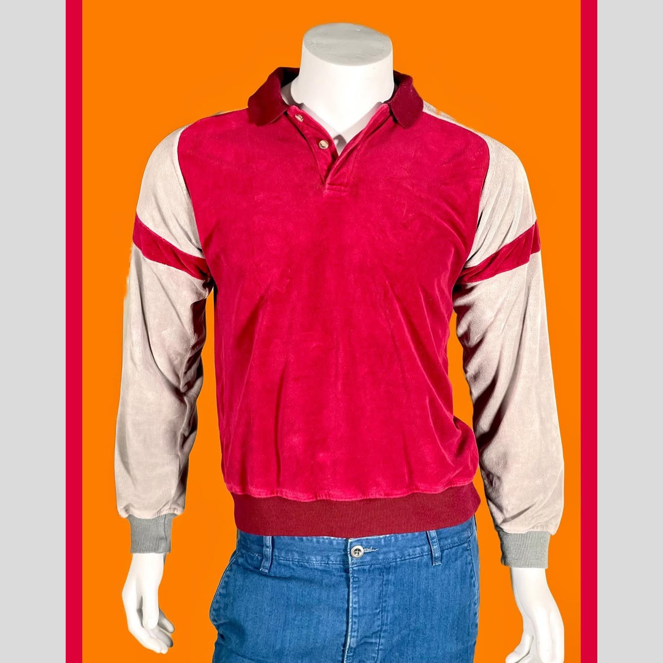 1980s Velvety Red Long Sleeve Polo - Medium